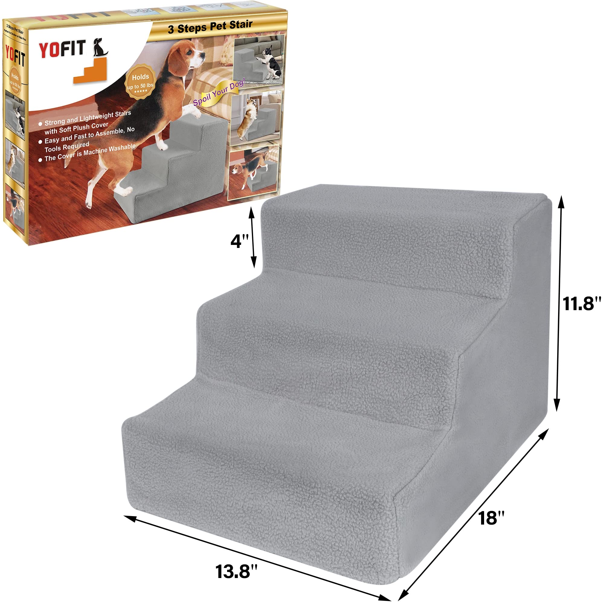 Yofit Doggy Steps - Non-Slip 3 Steps Pet Stairs For Cats And Dogs, Foldable Plastic With Washable Carpet Holds Up To 50 Lbs (Gra