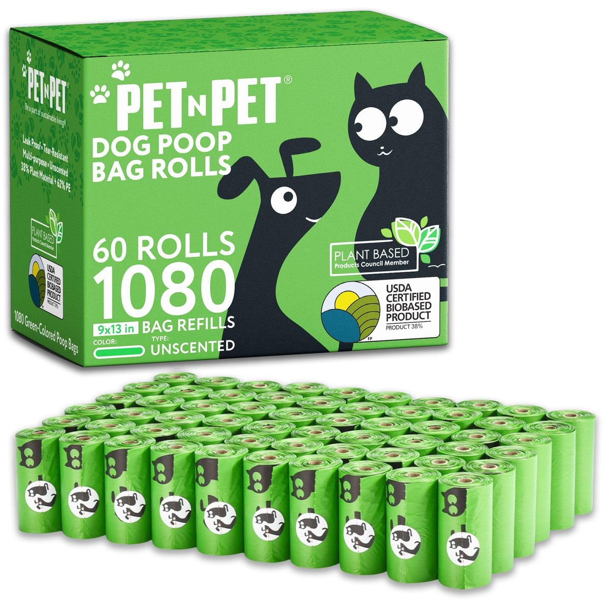 Pet N Pet 1080 Counts Green Poop Bags For Dogs, 38% Plant Based & 62% Pe Extra Thick Dog Poop Bags Rolls, 9' X 13', Unscented Pet Waste Bag