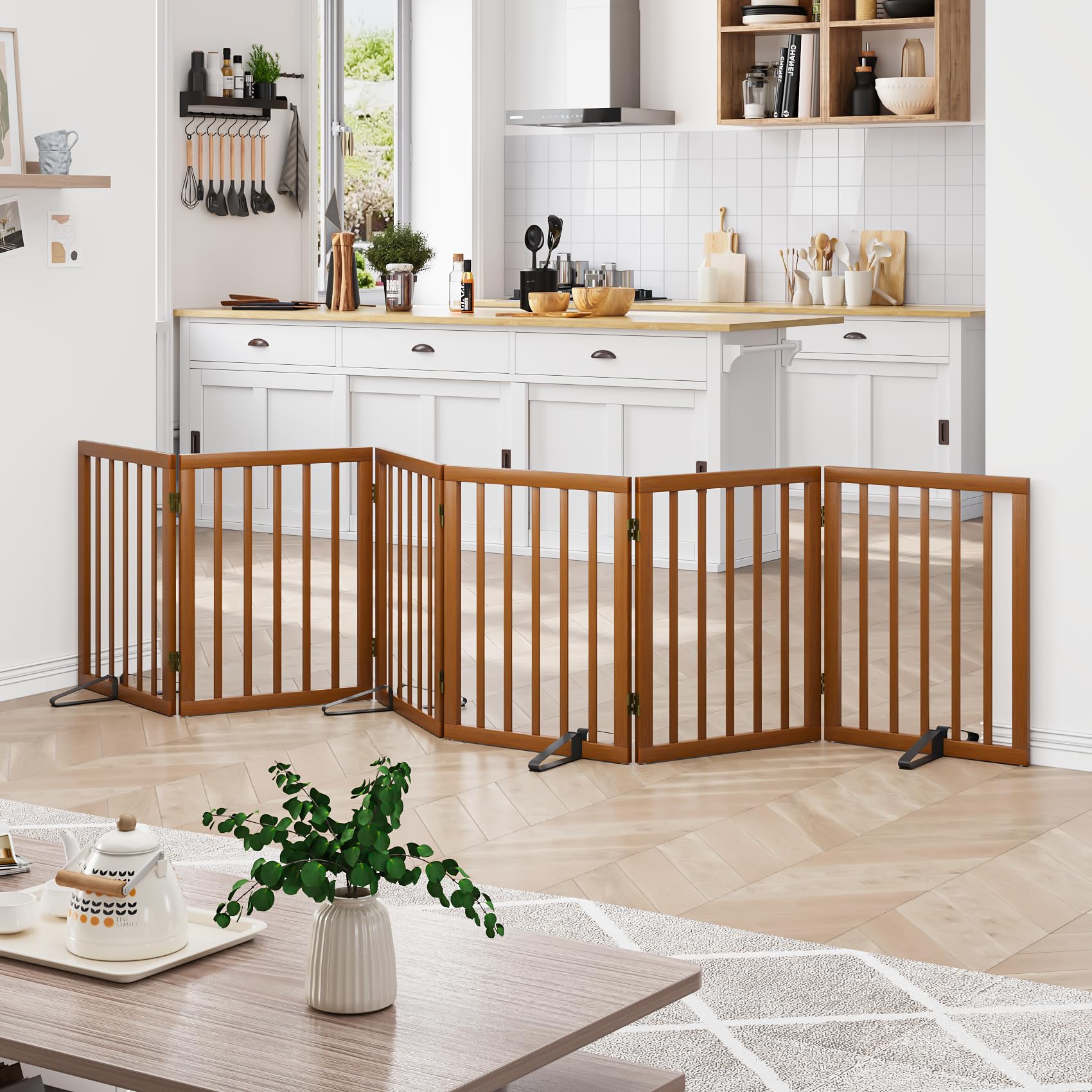 Freestanding Pet Gate Foldable Dog Gate (110 inches Wide) Walnut Bamboo Dog Gates for Stair Doorways House Puppy Fences Indoor (