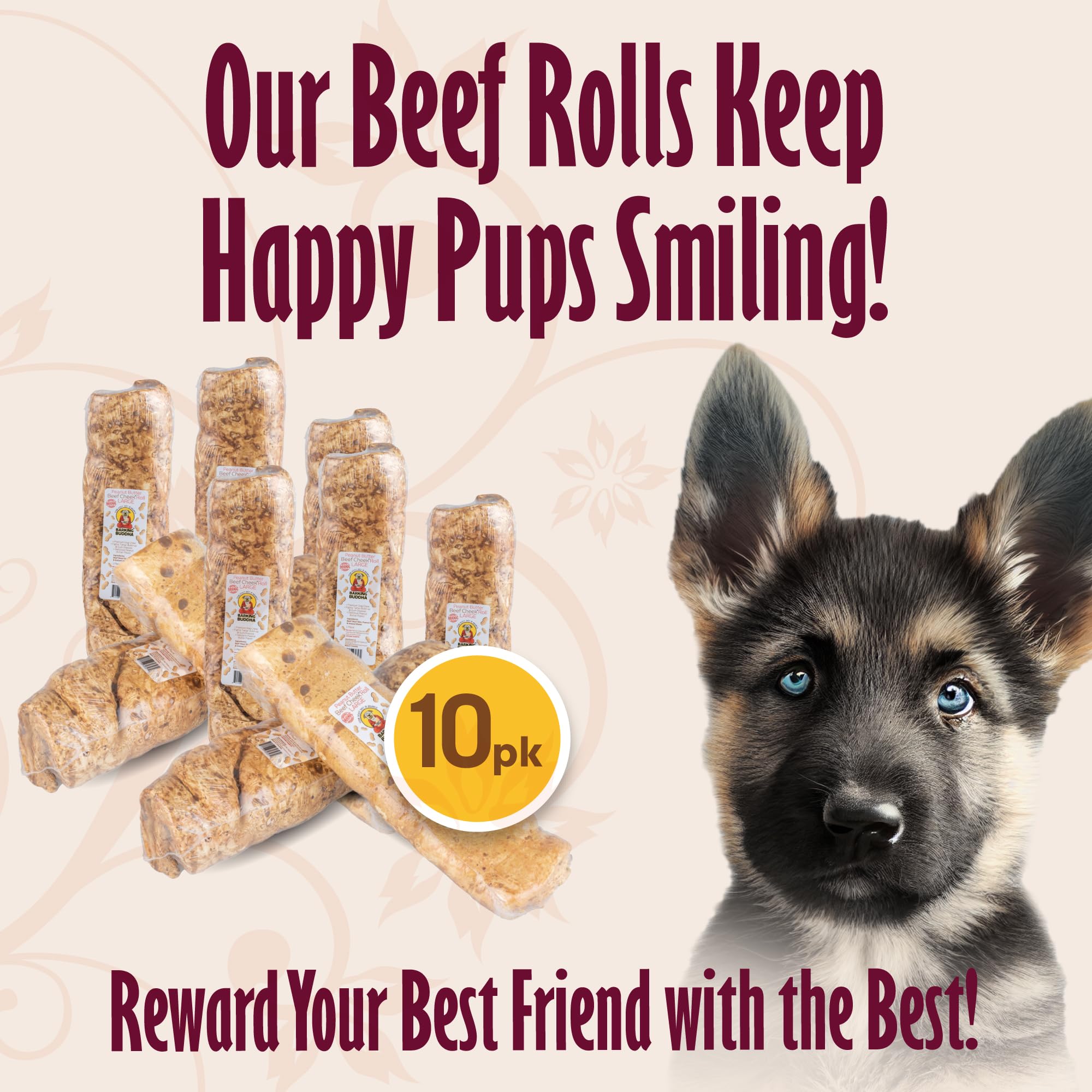 Barking Buddha Beef Cheek Rolls | Premium Dog Chews | Extra Thick, All Natural, No Additives, Gluten Free | Peanut Butter - Smal