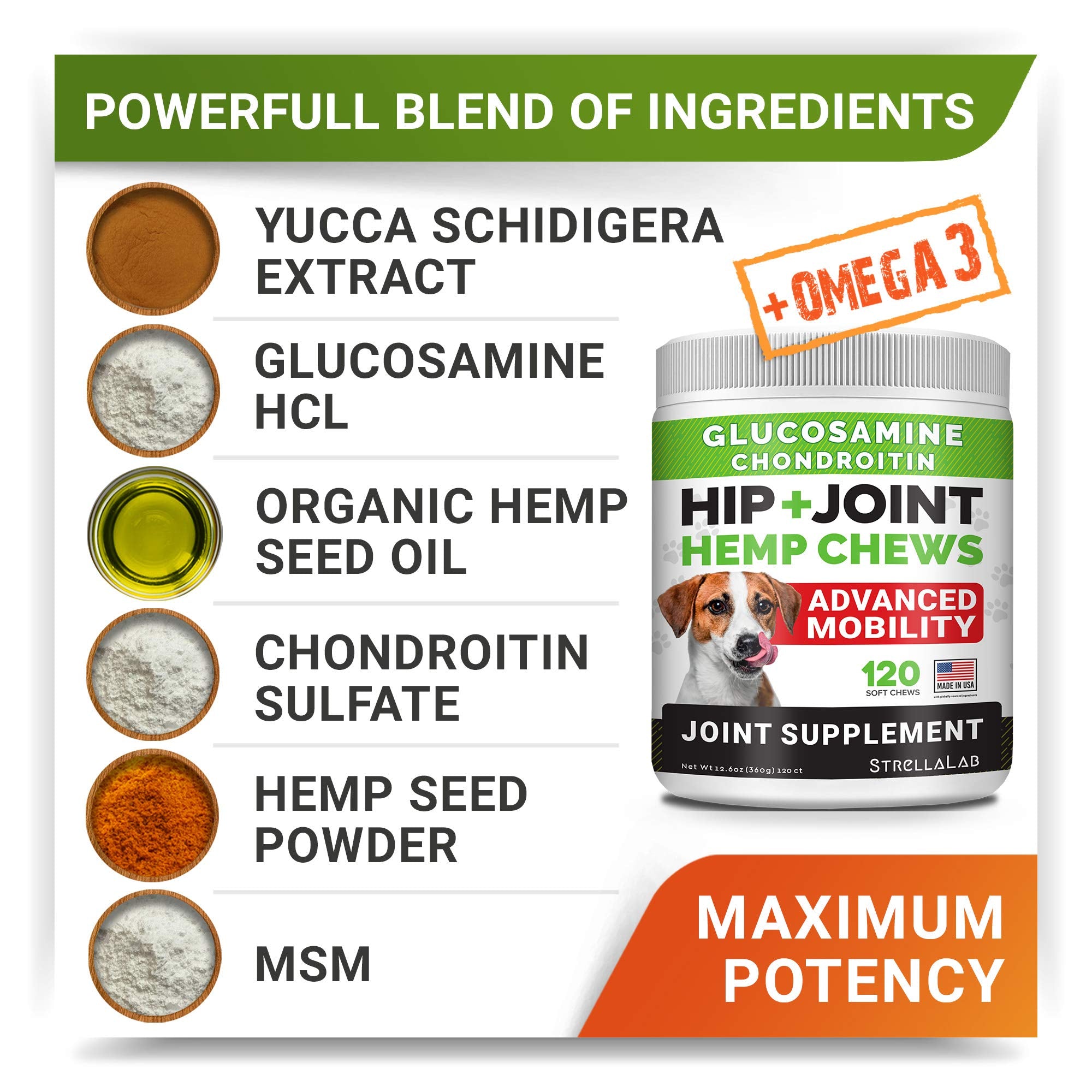 Large Breed Hemp + Glucosamine Dog Joint Supplement - Hemp Chews for Dogs Hip Joint Pain Relief - Omega 3, Chondroitin, MSM - Ad