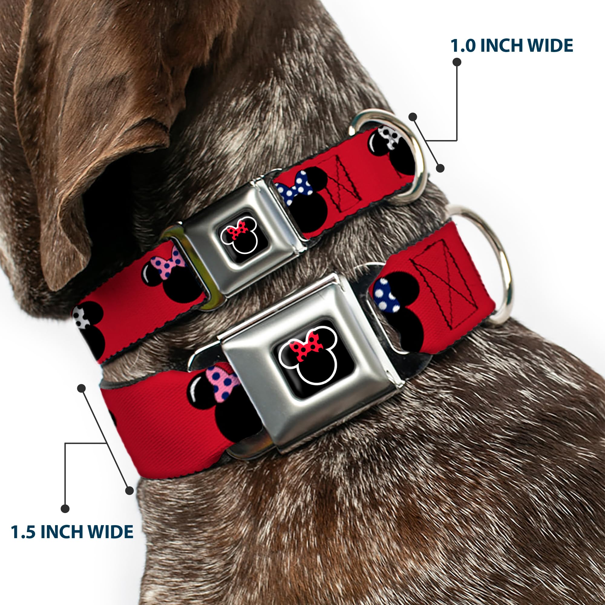 Buckle-Down Seatbelt Buckle Dog Collar - Minnie Mouse Silhouette Red/Black/Polka Dot - 1' Wide - Fits 9-15' Neck - Small