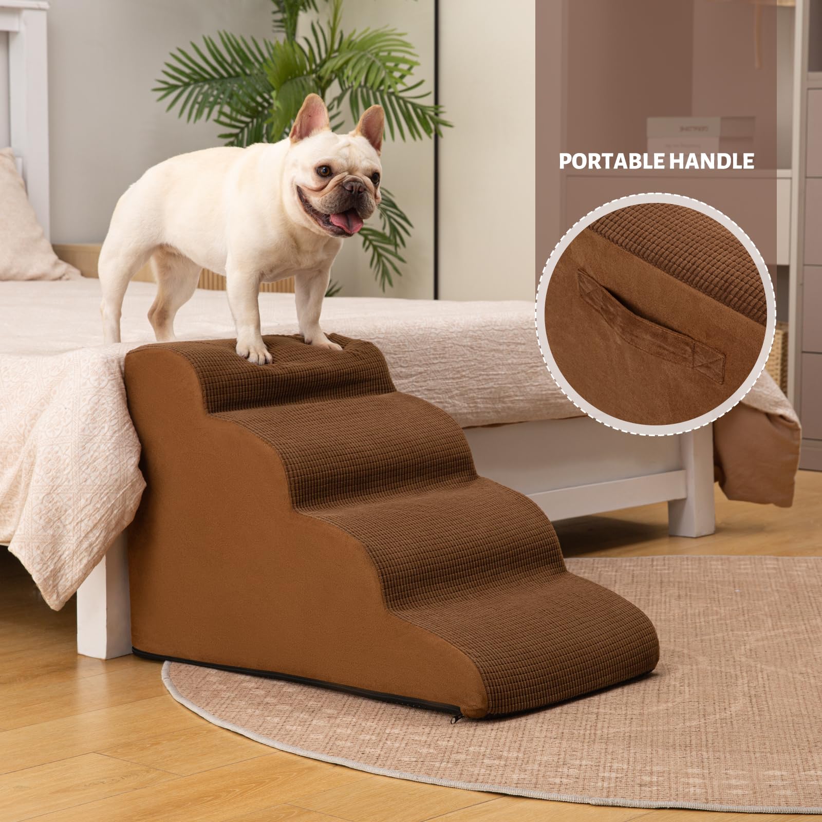 Aodisman 4-Step Dog Stairs and Ramp for Beds or Couches - Non-Slip Sturdy Pet Steps for Small Dogs and Cats,17.4 H,Brown