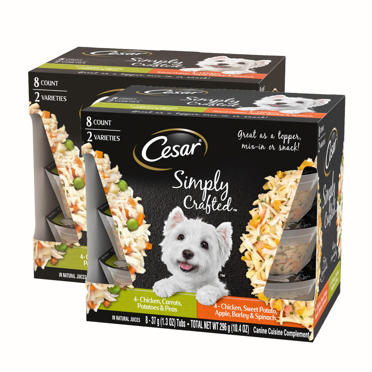 Cesar Simply Crafted Adult Soft Wet Dog Food Meal Topper Variety Pack, Chicken, Carrot, Potato & Peas And Chicken, Sweet Potato, Apple, Barley & Spinach, 8 Count(Pack Of 2)