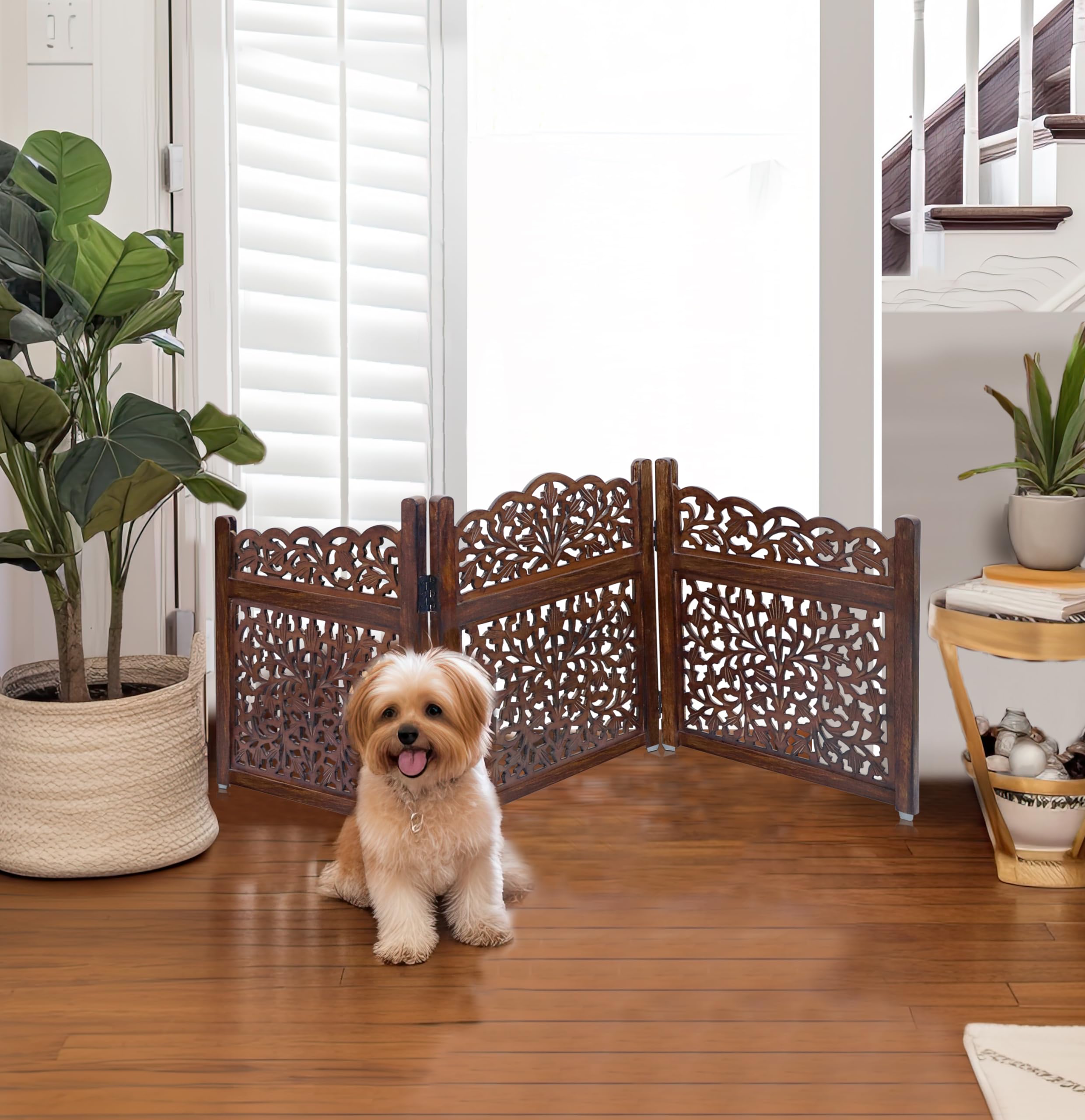 Wooden Foldable Pet Dog Safety Gate - 3 Panel 20' W X 24' H - Hand Carved Mahanadi Free Standing Portable Indoor Puppy Gate -