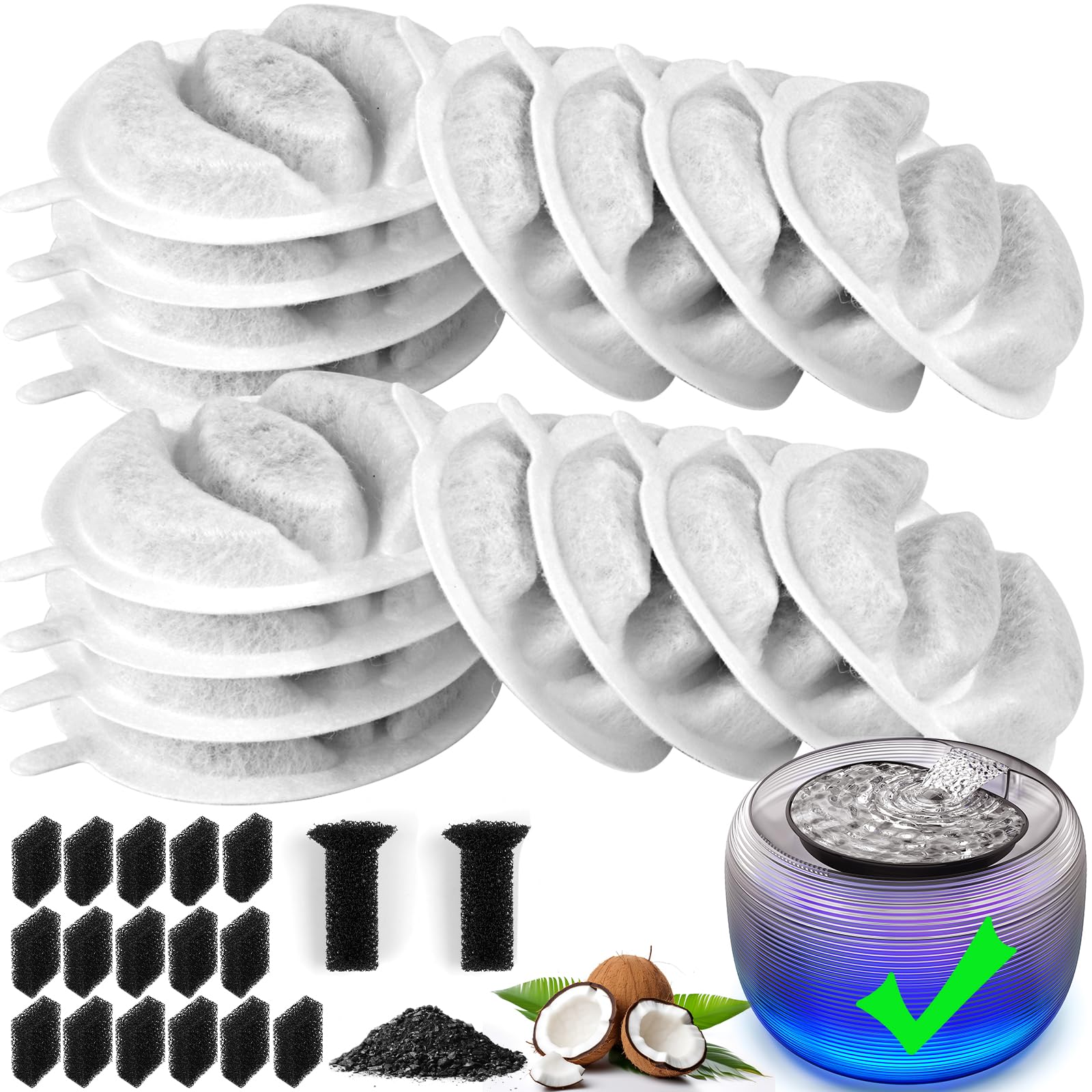 Kastty Cat Fountain Filter Replacement - 3.5L Activated Carbon Fountain Filter, 16 Pack With 2 Cotton