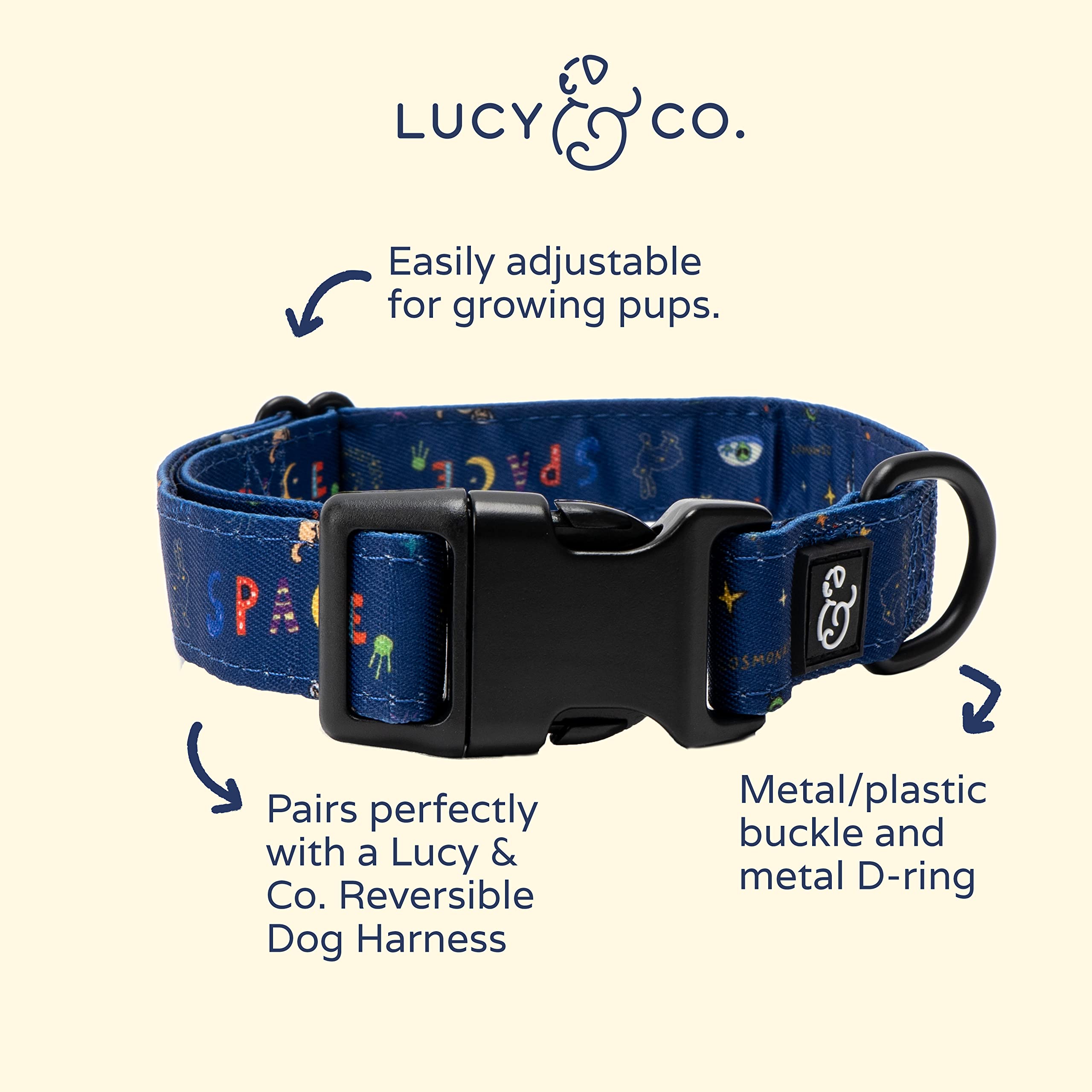 Lucy & Co. Space Doodle Dog Collar - Durable Lightweight Designer Collar For Pets - Adjustable Metal Safety Buckle - Navy Outers