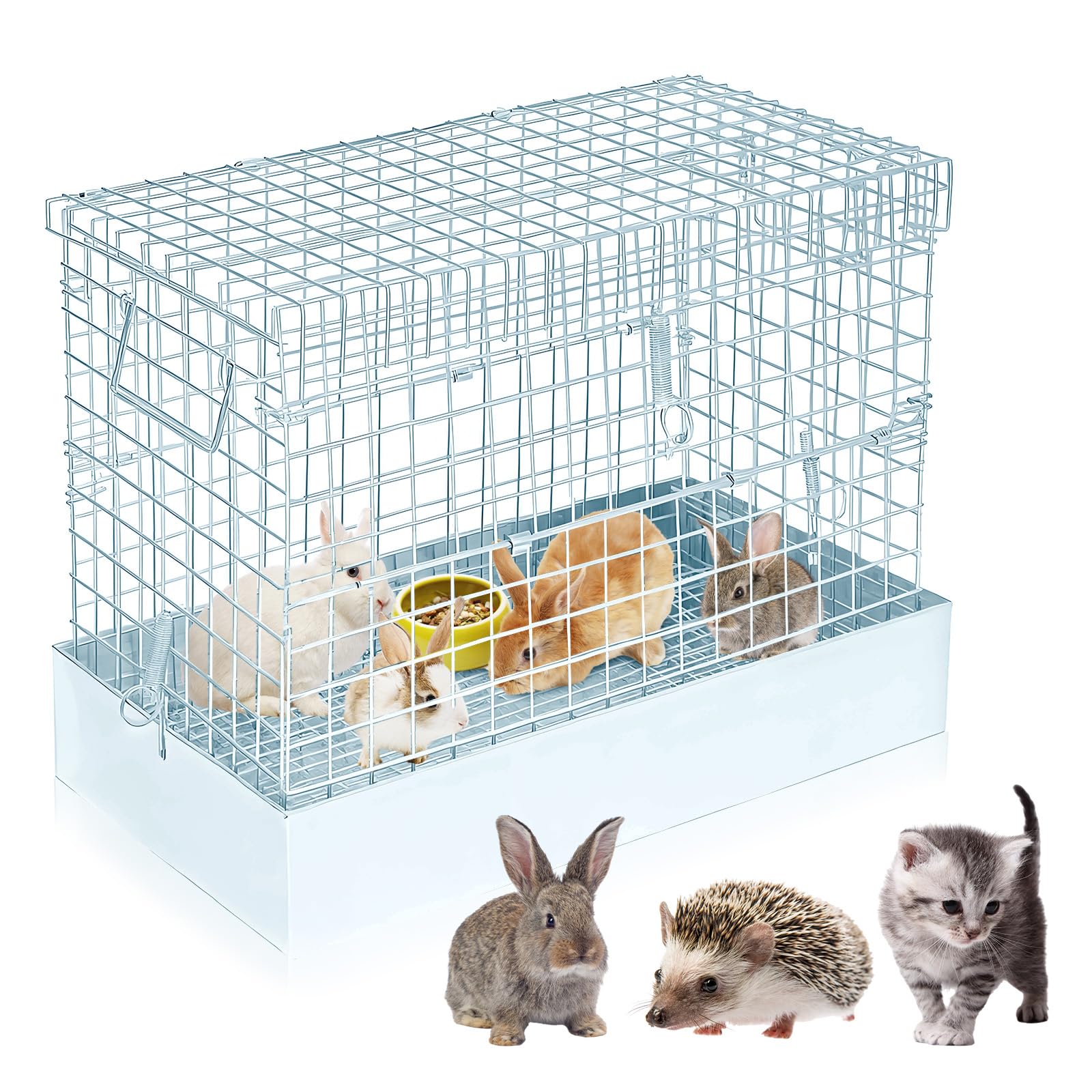 DoubleFill Folding One Hole Rabbit Transport Cage, 18 x 10 x 14 in Portable Rabbit Carrier with Tray and Handles for Travel Temp