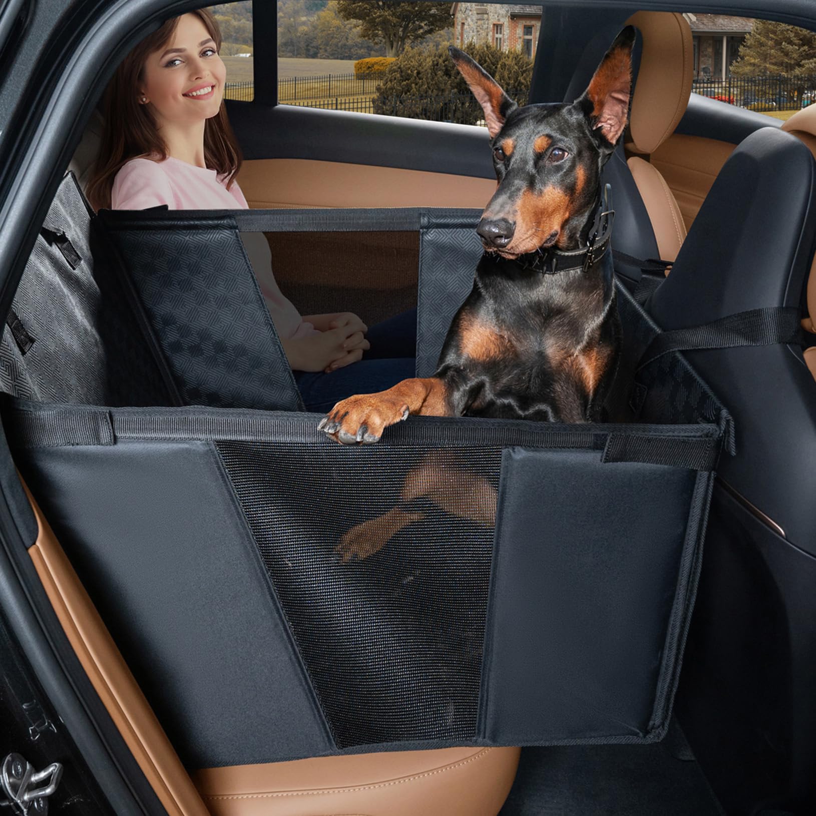 Yoveekle Dog Car Seat For Large Dogs, Waterproof Faux Leather Pet Carrier For Active Pets At Back Seat Half Hammock With 4 Hard 