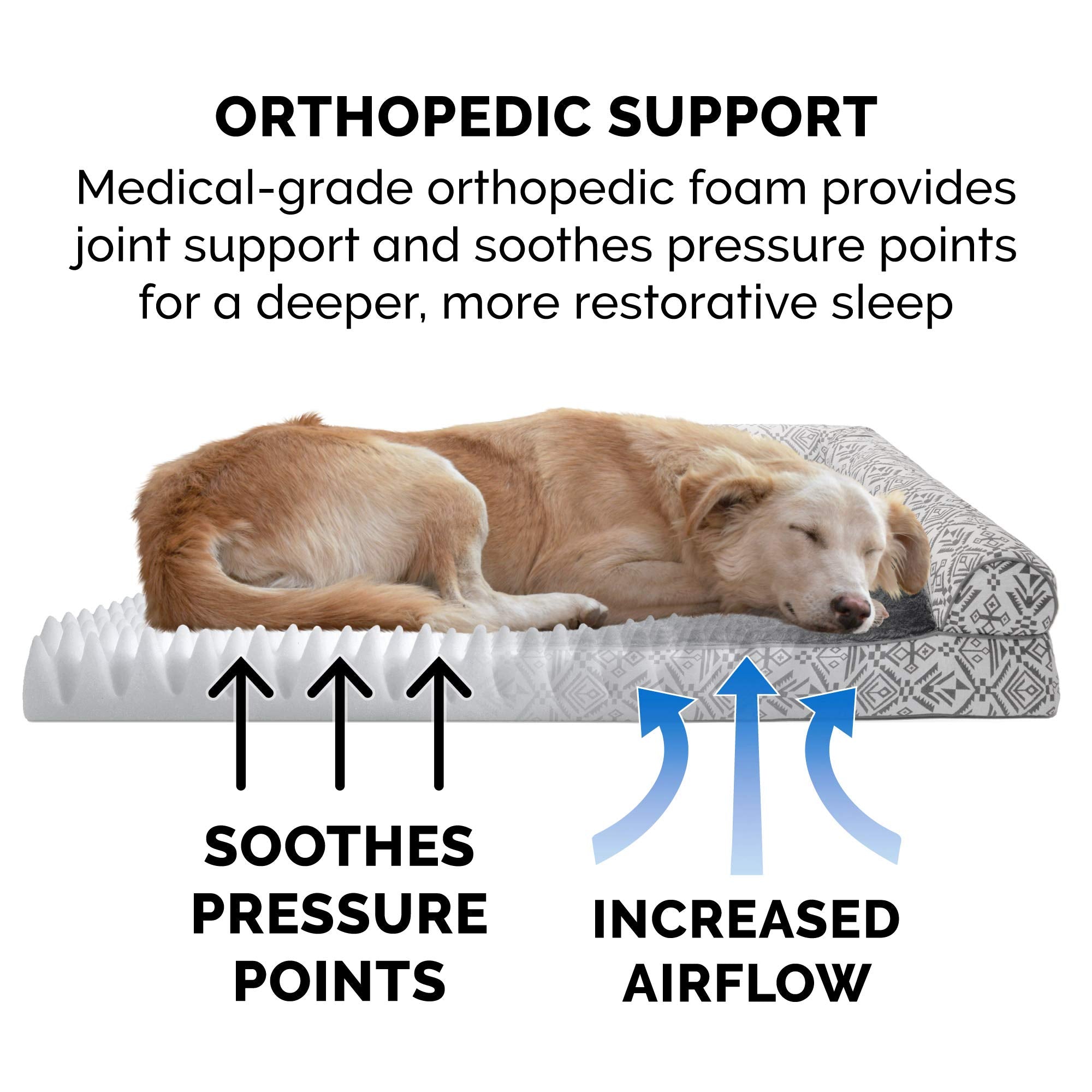 Furhaven Orthopedic Dog Bed For Medium/Small Dogs W/ Removable Bolsters & Washable Cover, For Dogs Up To 35 Lbs - Plush & Southwest Kilim Woven Decor Sofa - Boulder Gray, Medium