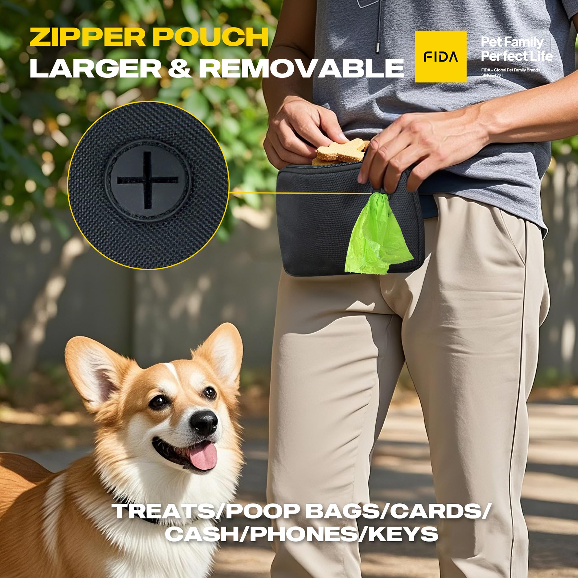 Fida 3-In-1 Hands Free Dog Leash With Zipper Pouch, Bungee & Reflective Straps - Adjustable 5-8Ft Crossbody/Waist Running Leash