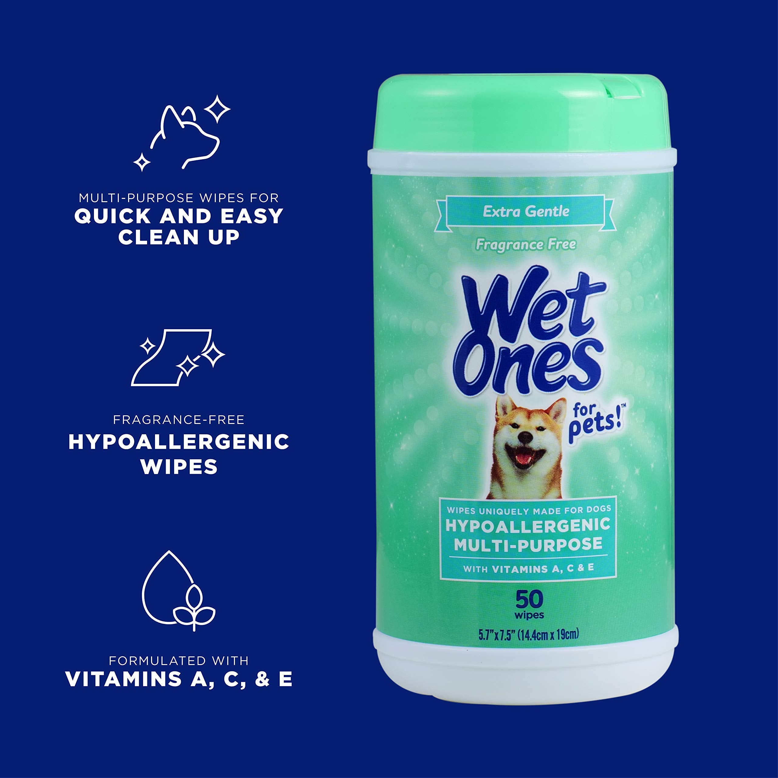Wet Ones For Pets Hypoallergenic Multi-Purpose Dog Wipes With Vitamins A, C & E, 50 Count - 12 Pack | Fragrance-Free Hypoallerge