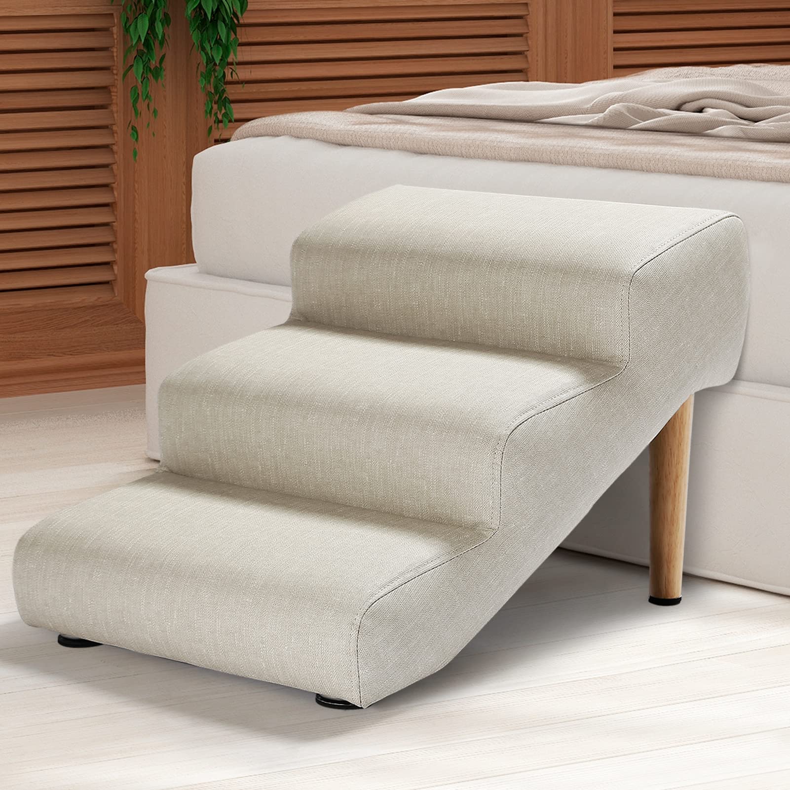 Senneny Imitation Linen Faux Leather Dog Stairs, For Pets Up To 150 Lbs, Waterproof, Scratch Resistant Pet Steps/Stairs With Hig