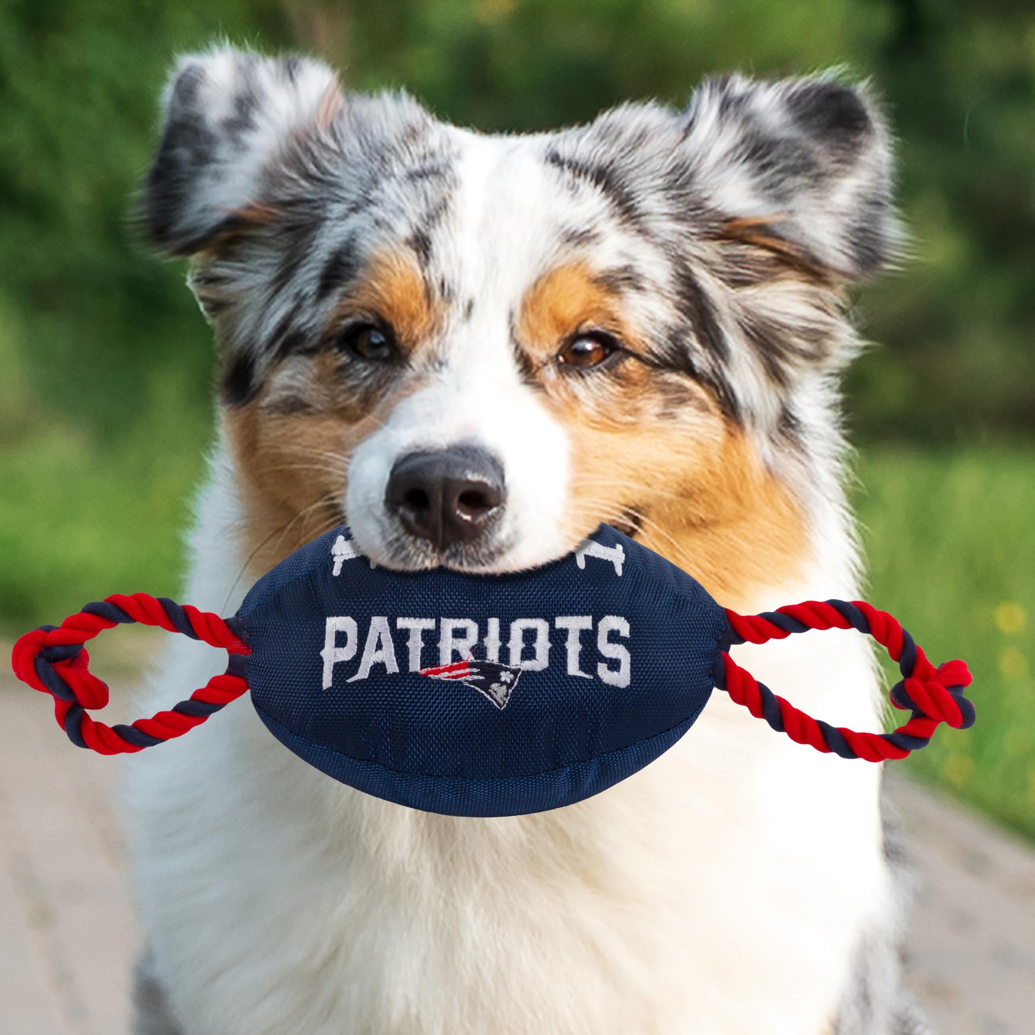 Pets First NFL New England Patriots Football Dog Toy, Tough Quality Nylon Materials, Strong Pull Ropes, Inner Squeaker, NFL Team