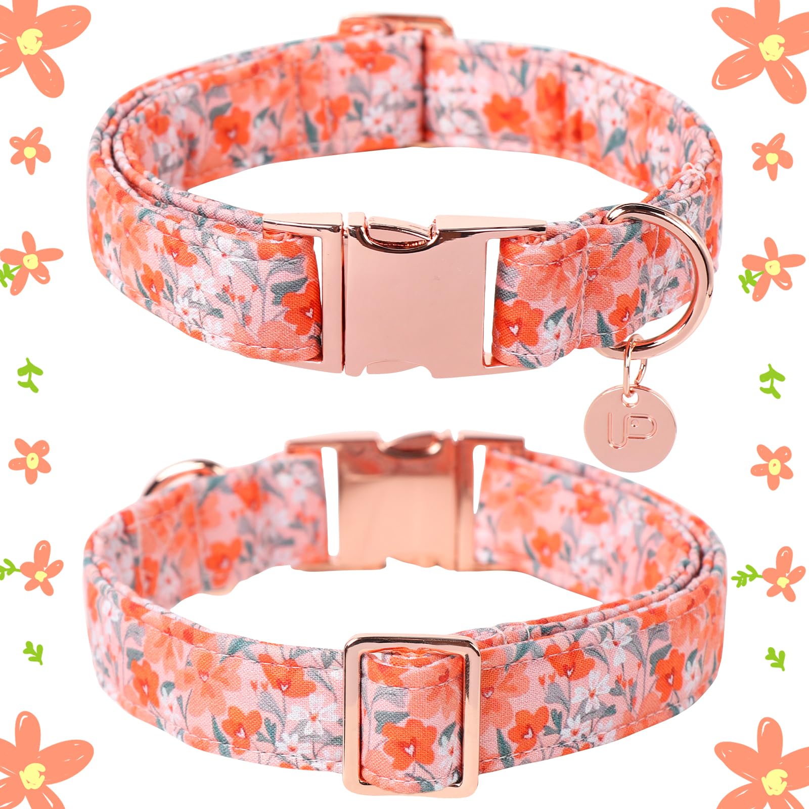 Up Urara Pup Dog Collar For Summer,Orange Flower Dog Collar,Cotton Puppy Collar With Adjustable Buckle For Small,Medium,Large Gi