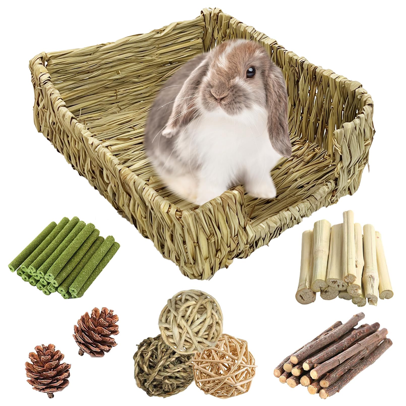 Hamiledyi Large Rabbit Grass Bed For Bunny, 21 Pcs Pet Bunny Chew Toys Natural Hand-Made Woven Hay Mat Hamster Straw Basket Smal