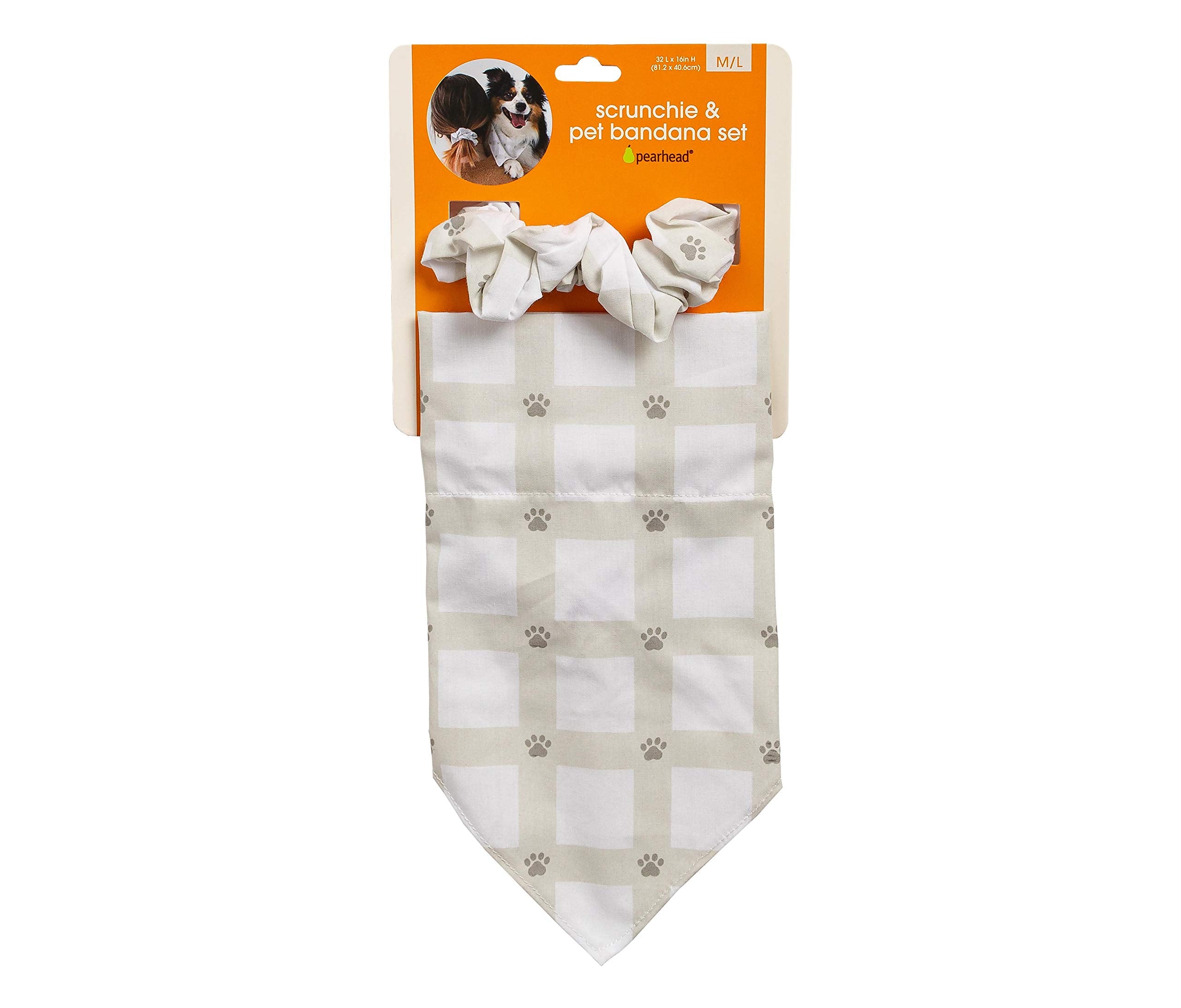 Pearhead Matching Bandana And Hair Scrunchie Set, Pet Owner And Dog Lover Set, Grey Gingham Paw Print, M/L