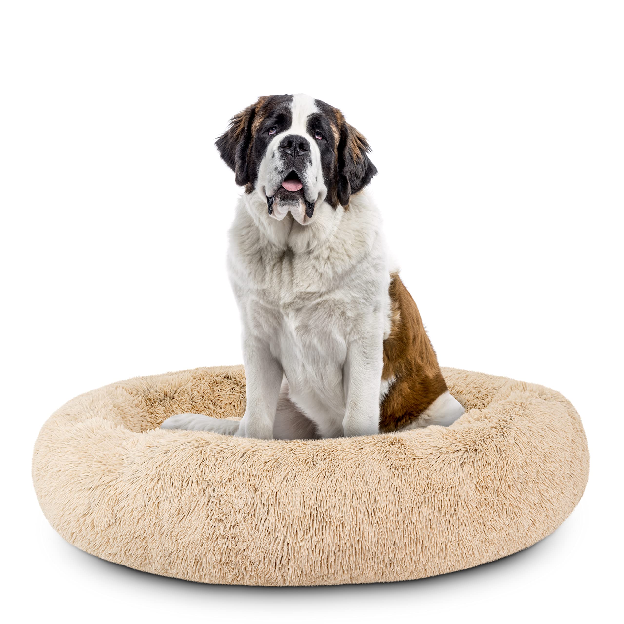 The Dogs Bed Sound Sleep Donut Dog Bed, XXL Dog Beige Fur Calming Nest Bed Removable Cover, Veterinary Approved