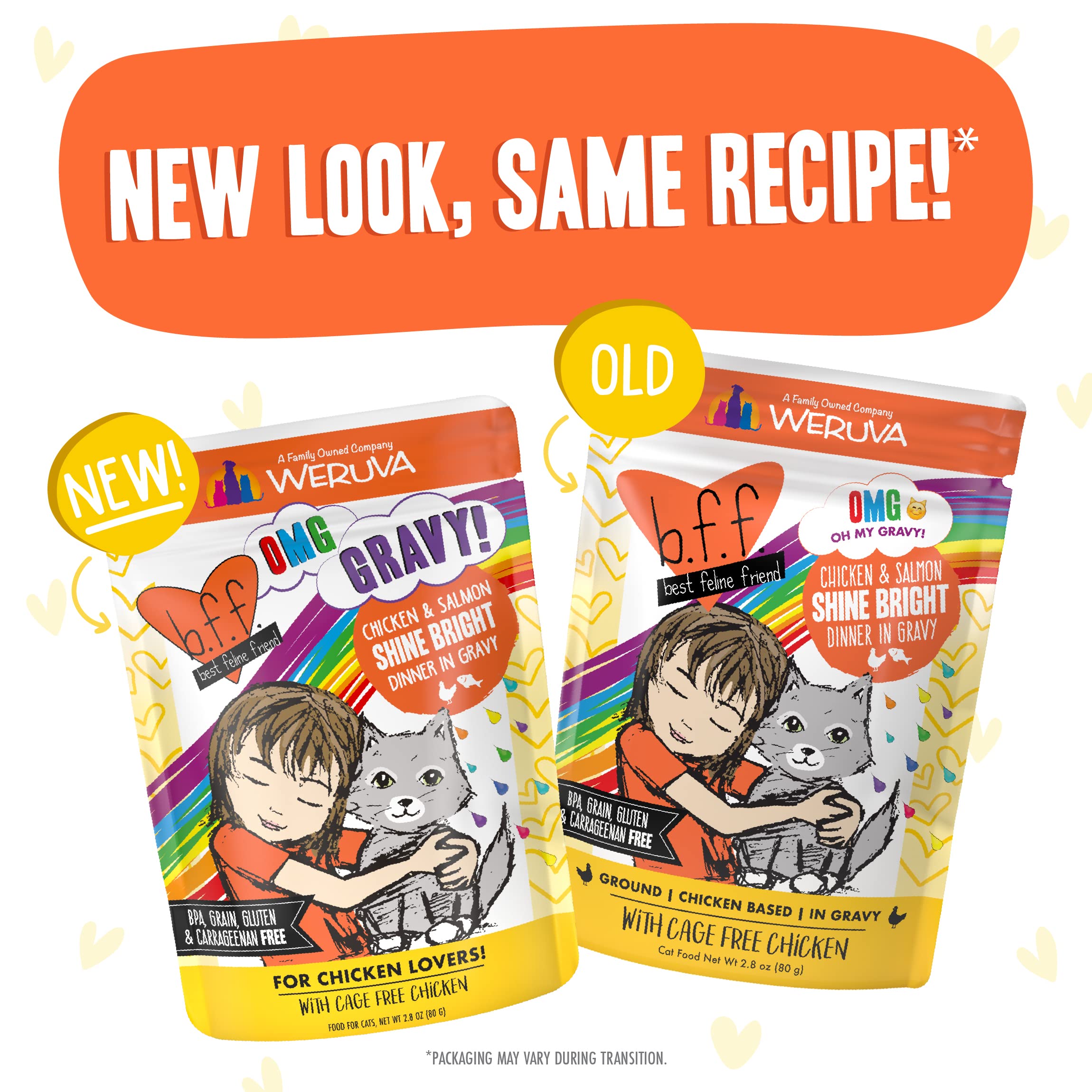 Weruva B.F.F. OMG - Best Feline Friend Oh My Gravy!, Chicken & Salmon Shine Bright with Chicken & Salmon in Gravy, 2.8oz Pouch (