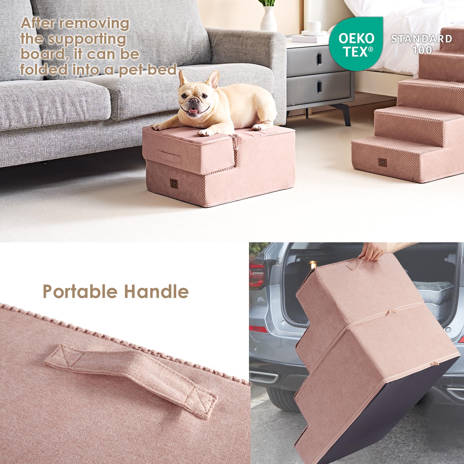 Eheyciga Dog Stairs For Small Dogs 13.5' H, 3-Step Dog Steps For Couch Sofa And Chair, Pet Steps For Small Dogs And Cats, Non-Slip Balanced Dog Indoor Ramp, Pink