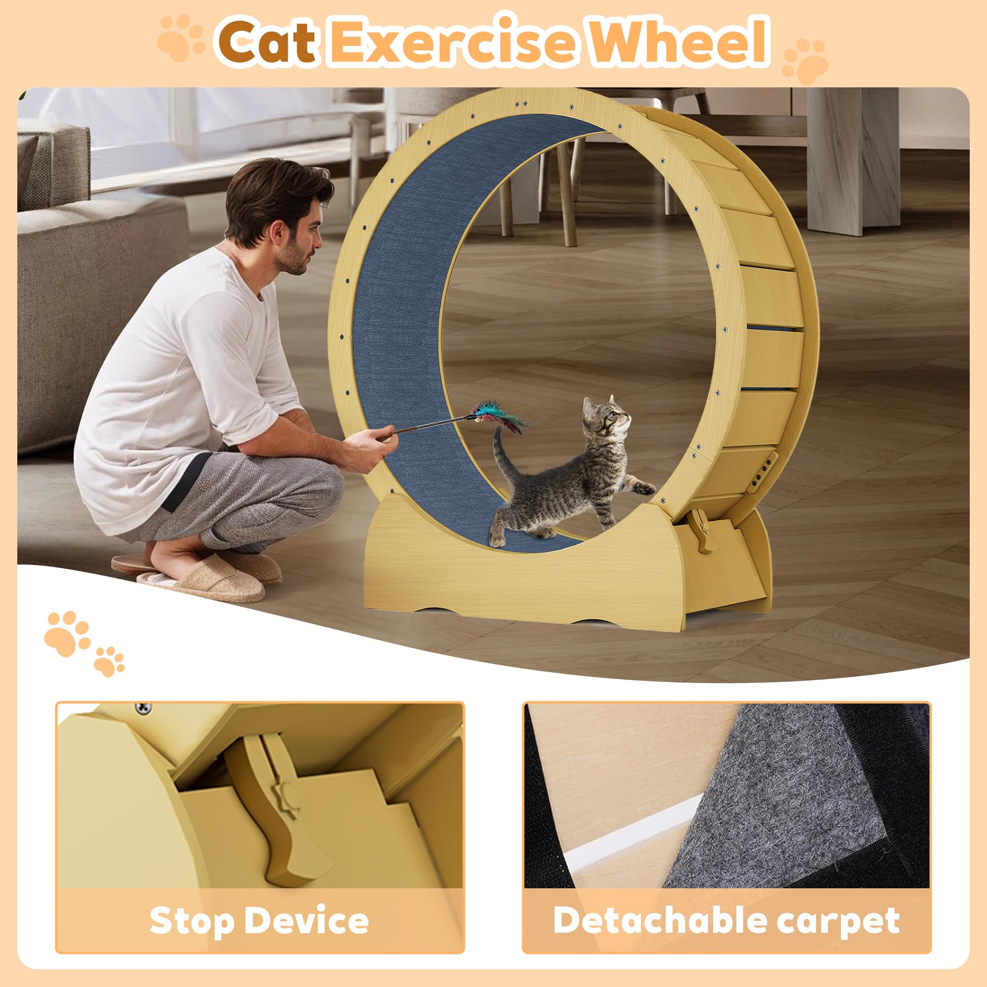 HMHKHN 45 Cat Exercise Wheel for Indoor Cats, Cat Running Treadmill Wheel with Detachable Carpet & Toy for Running/Walking/Tra