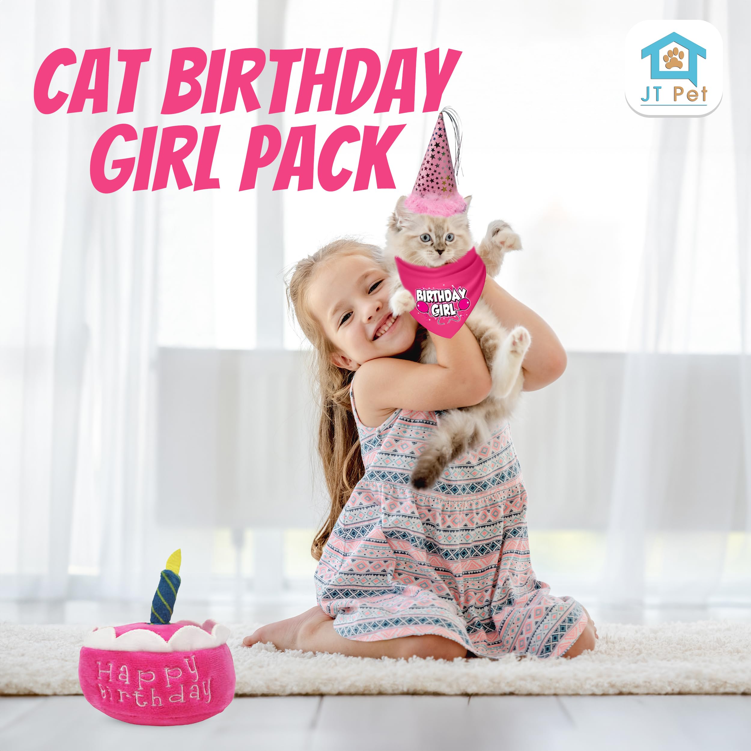 Jt Pet Cat Birthday Girl Party Pack With Bandana, Star Spangled Pink Party Hat With Adjustable Elastic, Tassels And Feathery Tri