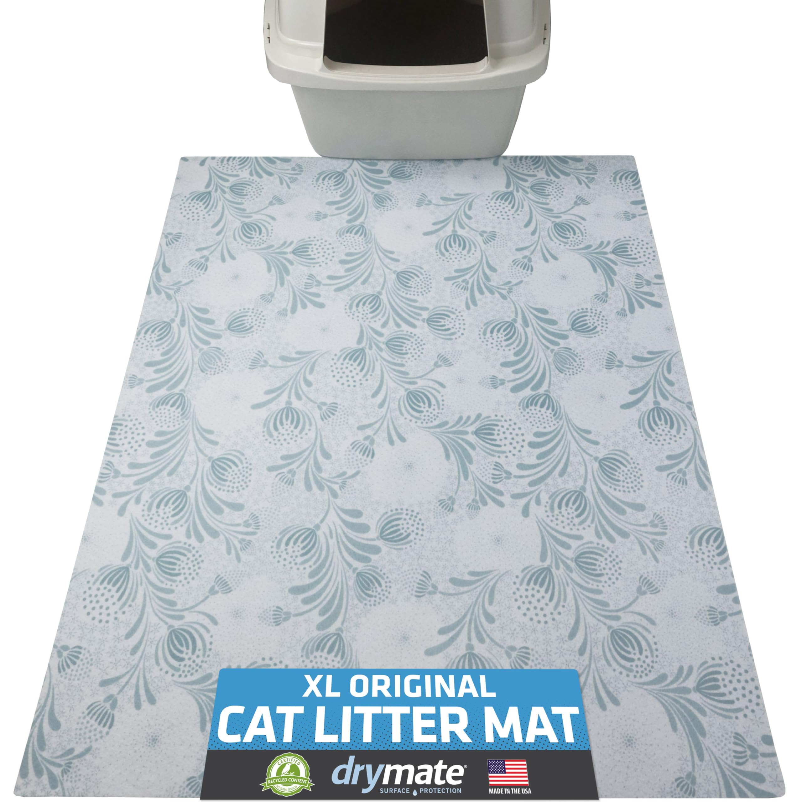 Drymate XL Original Cat Litter Mat, Contains Mess from Box, Protects Floors, Urine-Proof, Machine Washable, Soft on Kitty Paws, Absorbent, Waterproof (USA Made, Recycled Content)(29”x36”)(Blue Floral) -Like New
