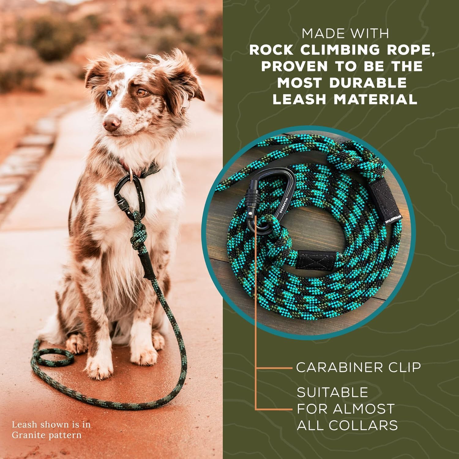 Wilderdog Carabiner Climbing Rope Dog Leash For Medium & Large Dogs - 5Ft - Granite