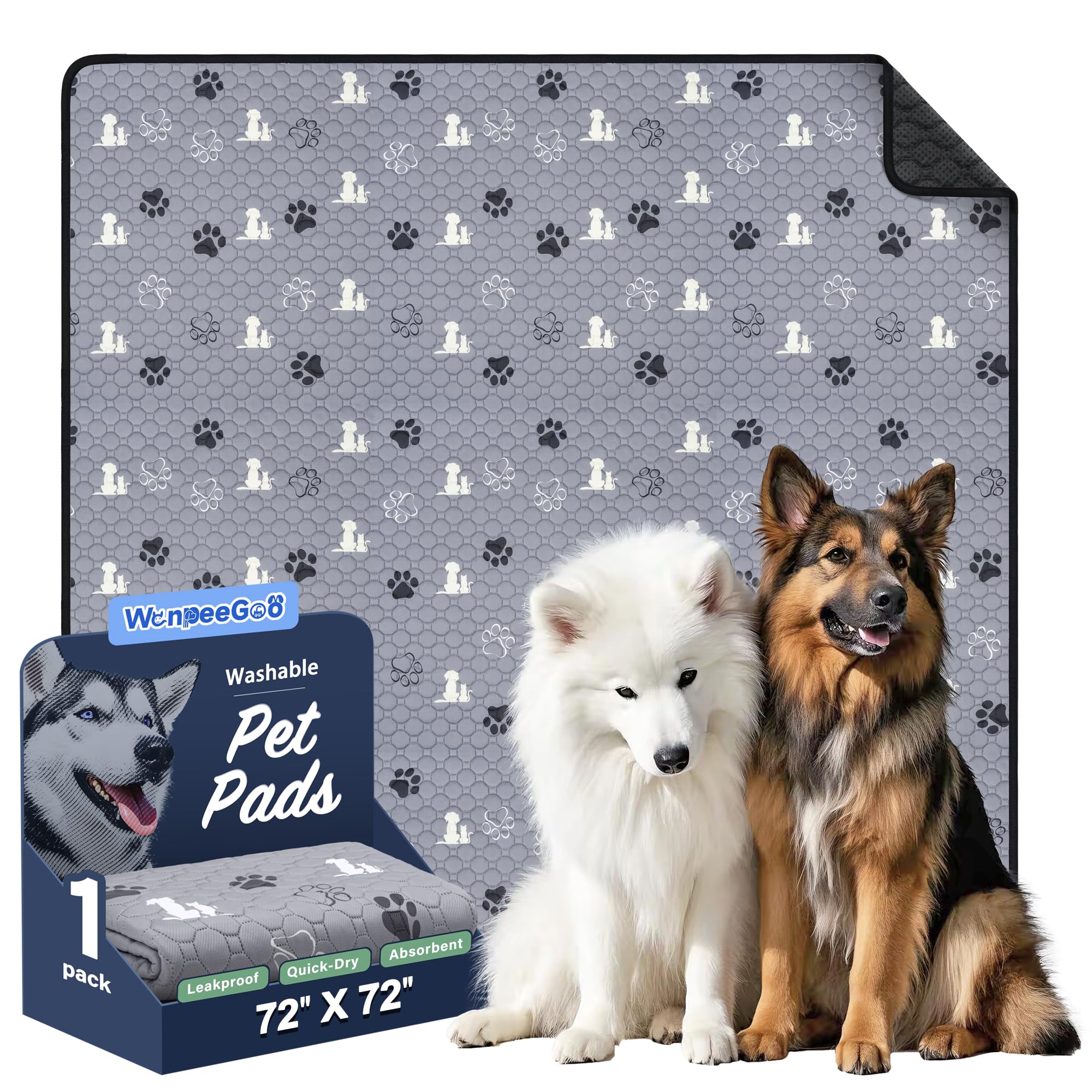 WanpeeGoo Washable Dog Pads - Extra Large Reusable Training Mat, Absorbent Non-Slip Potty Pads for Dogs, Grey 72 x72 