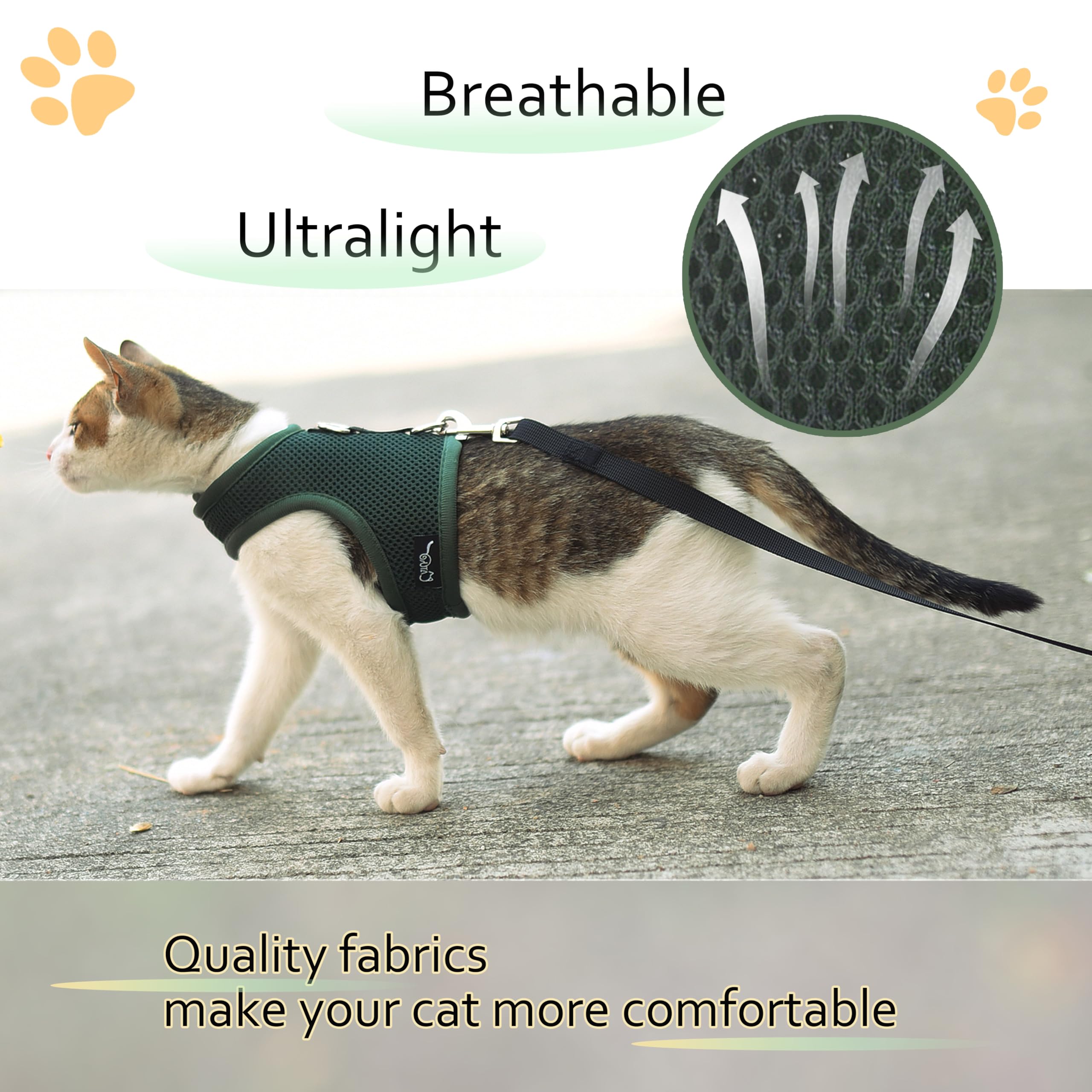 Kitty Harness And Leash For Walking Escape Proof Breathable Mesh Fabric, Solid Green, Small, Adjustable Cat Walking Jackets, Pad