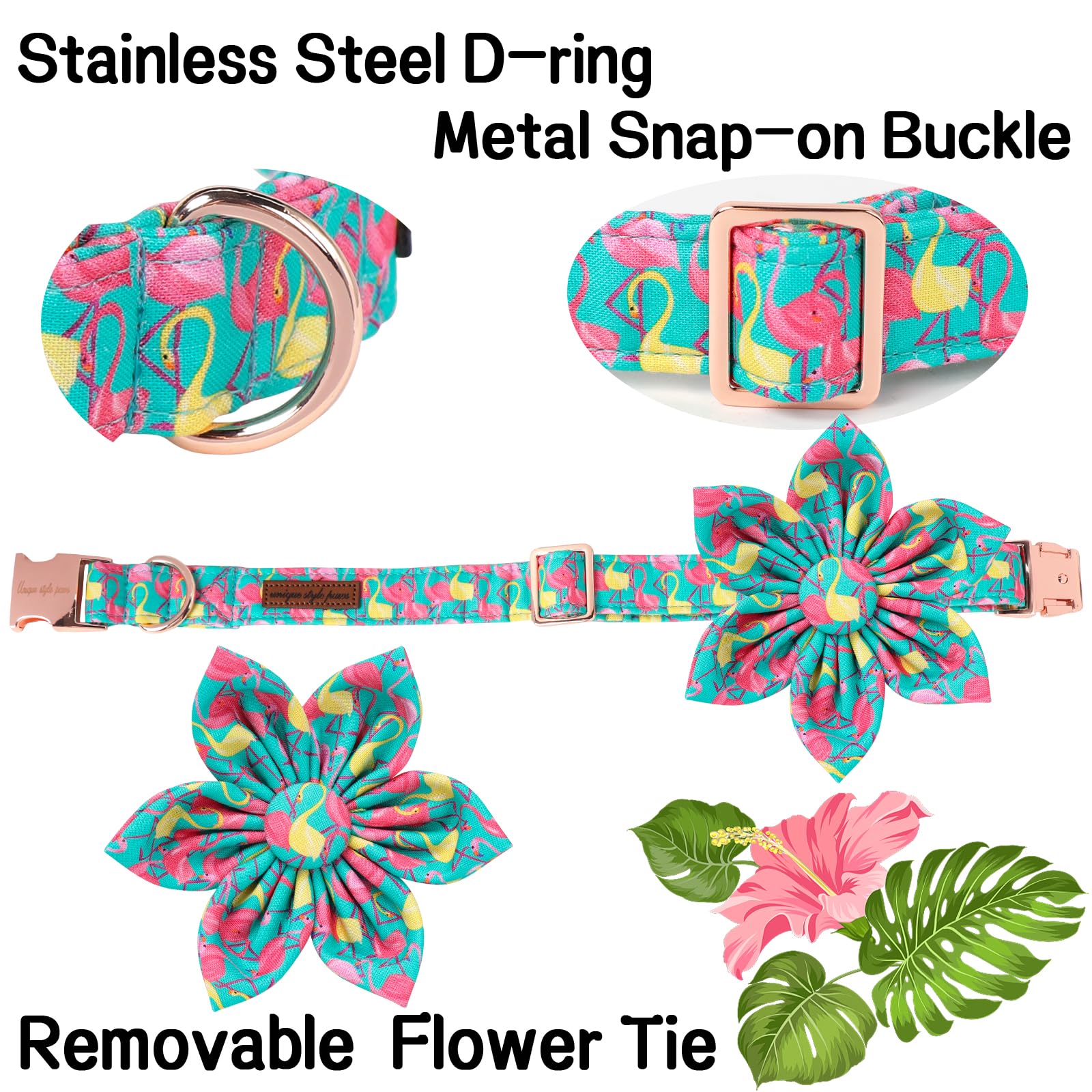 Unique Style Paws Summer Dog Collar With Floral Bow,Flamingo Bow Tie Puppy Collar, Cute Green Dog Bow Collar For Small,Medium,La