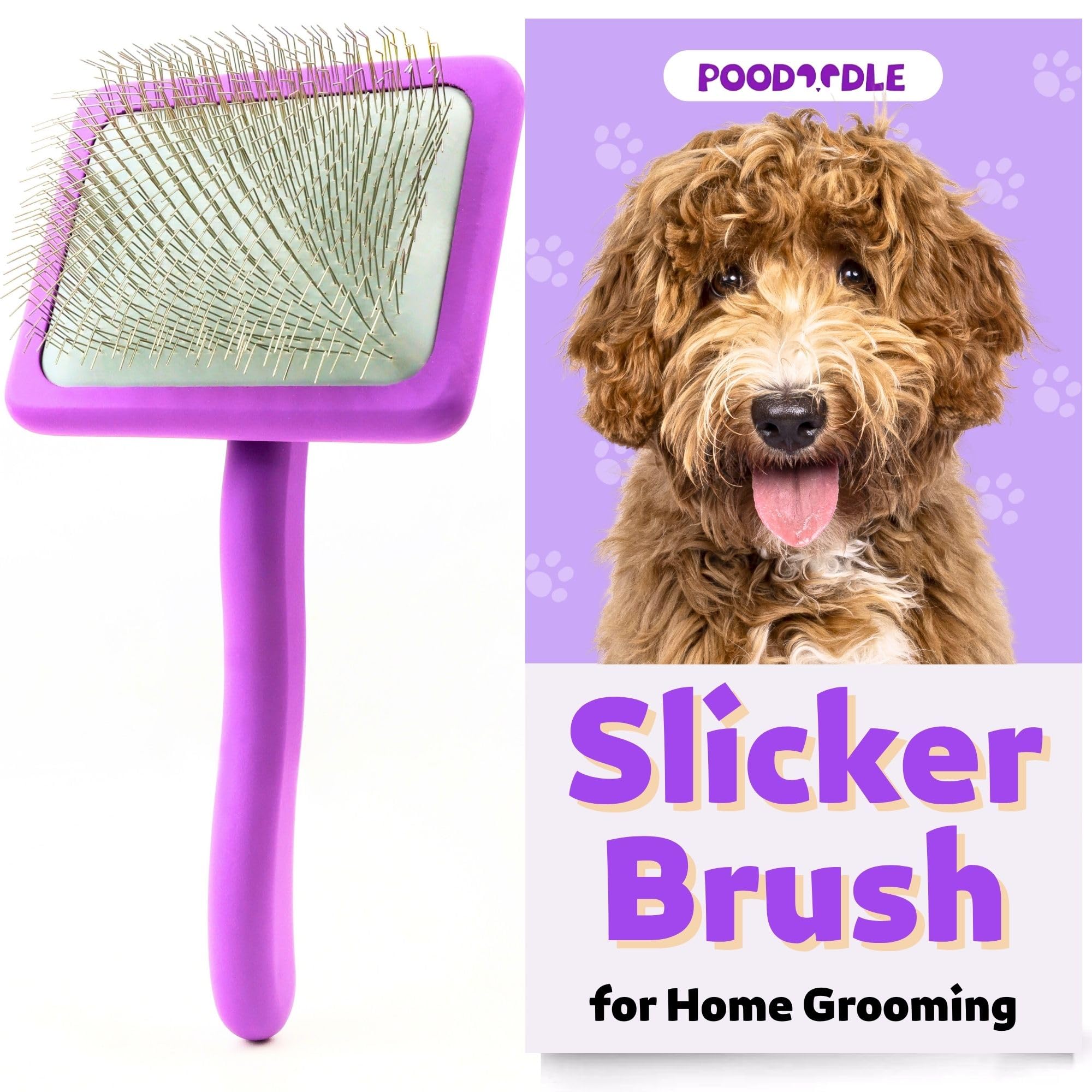 Poodoodle Dog Slicker Brush, Grooming Tool For Poodle, Doodle, Goldendoodle & All Long Haired Dogs, Long Pin Wood Brush Pefect F