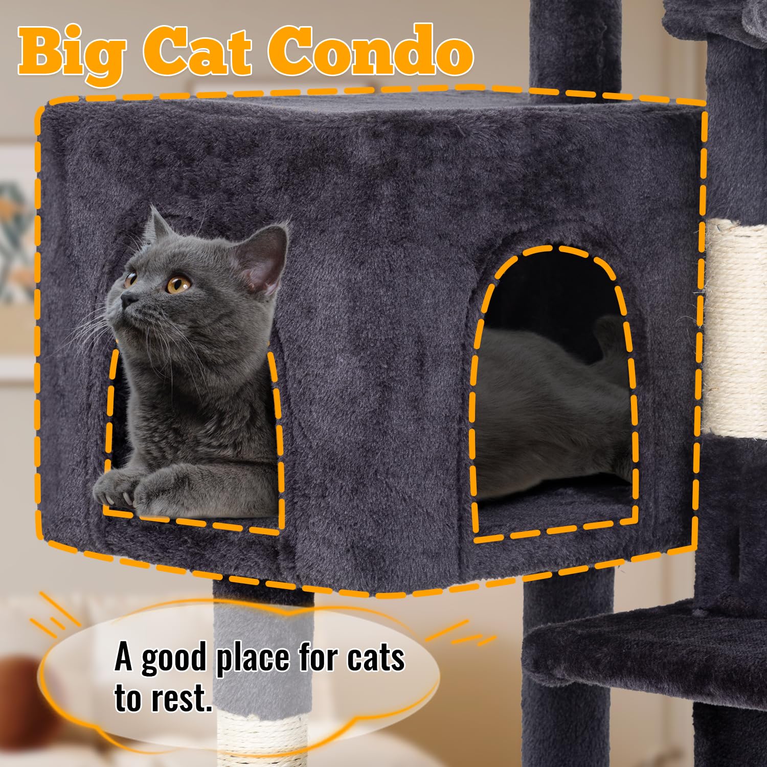 FDW | 37.8 Cat Tree Tower | Dark Gray | Multi-Level Indoor Activity Center with Sisal Scratching Posts, Condos, Plush Perches, H
