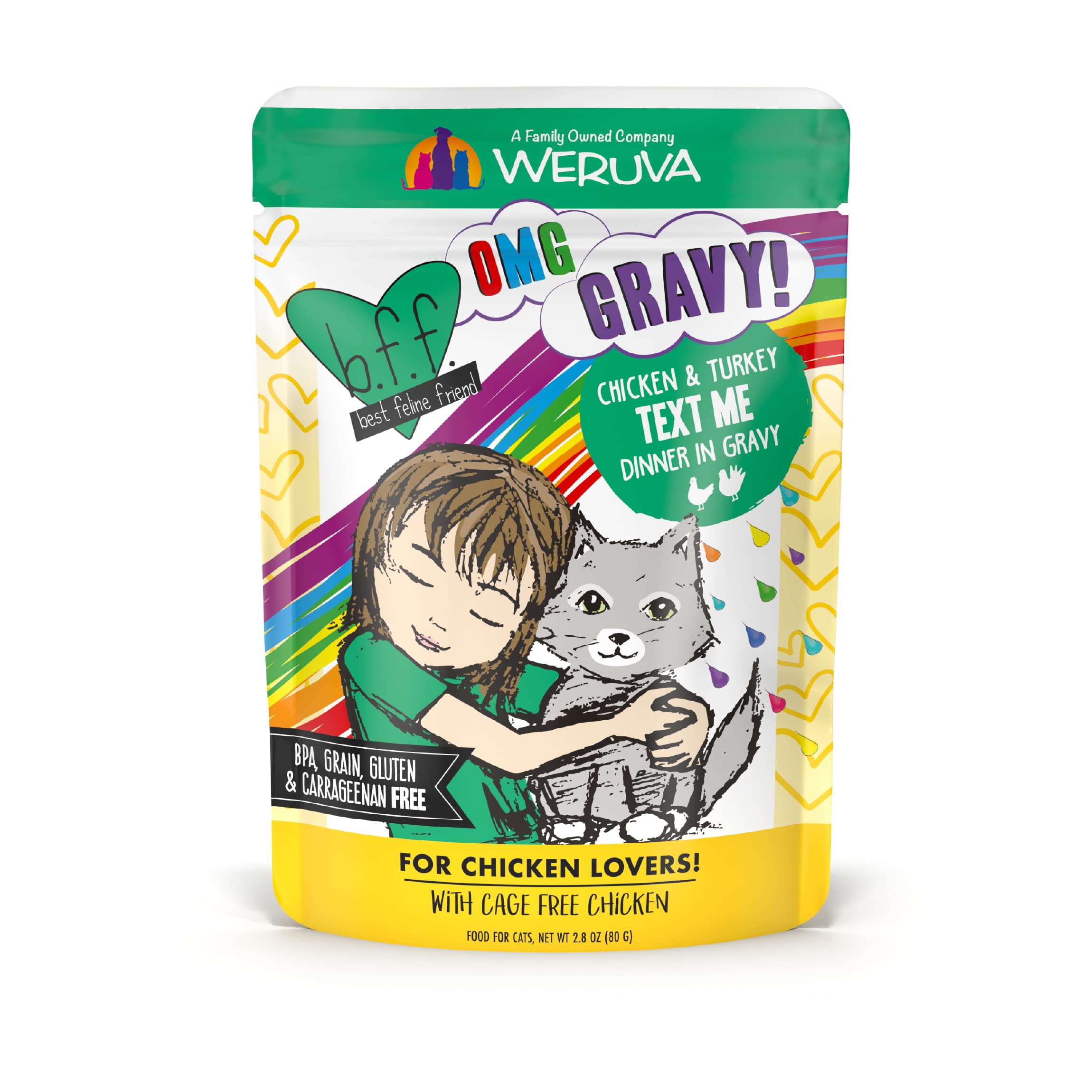 Weruva B.F.F. OMG - Best Feline Friend Oh My Gravy!, Chicken & Turkey Text Me with Chicken & Turkey in Gravy, 2.8oz Pouch (Pack 