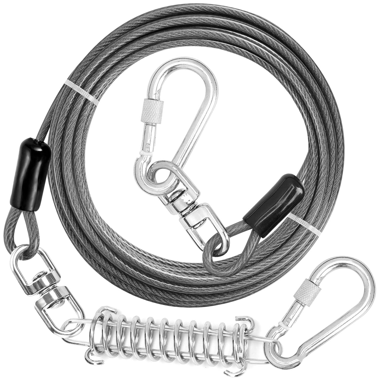 Jenico Dog Tie Out Cable - 10/15/20/30/40/50/70/100/150FT Runner Cable with Swivel Hook and Shock Spring, Outdoor Dog Leash Teth
