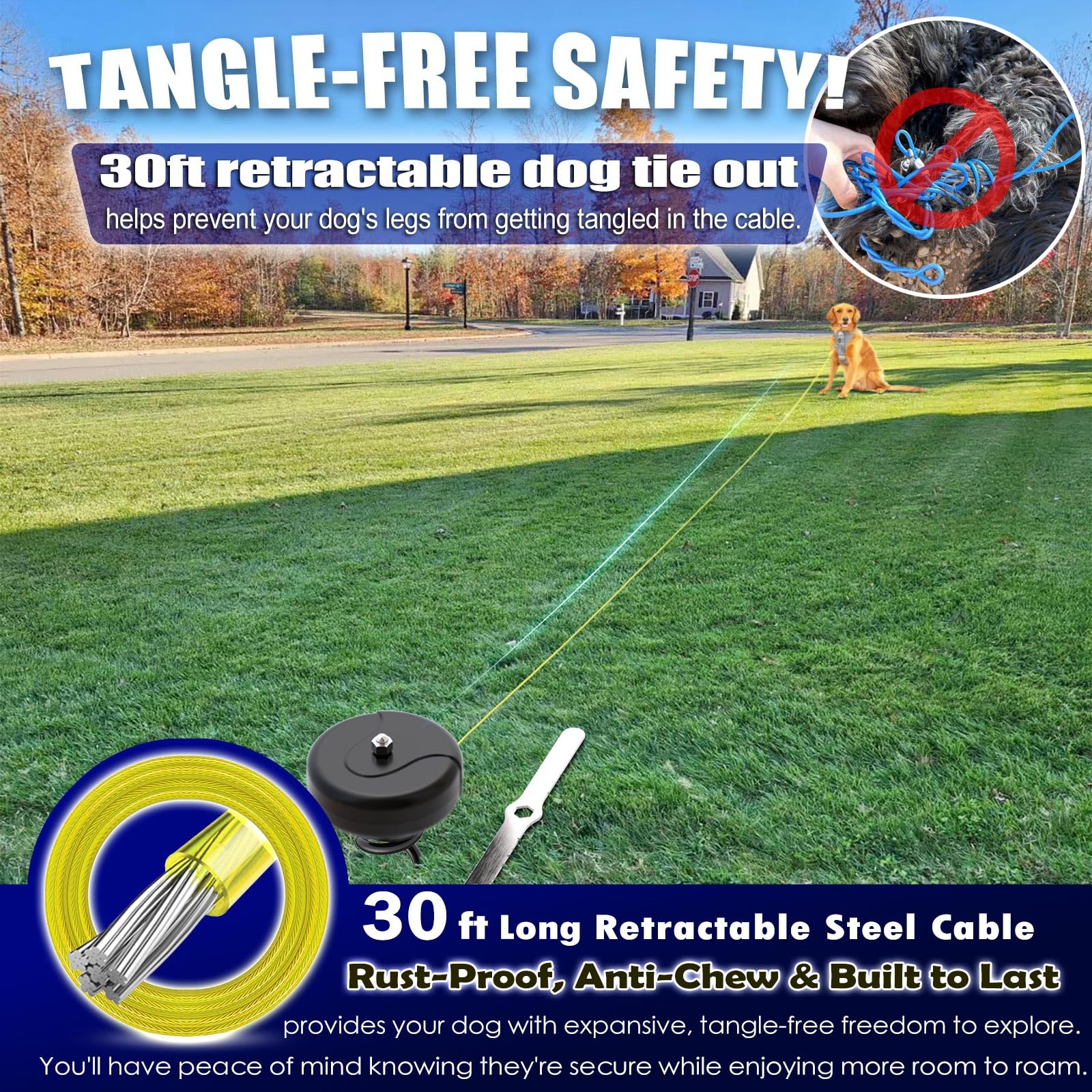 Dog Tie Out Cable and Stake 360 No Tangle Heavy Spiral Yard Stake and Retractable Dog Leash for Dogs Up to 10-90 lbs, 30ft Dog C