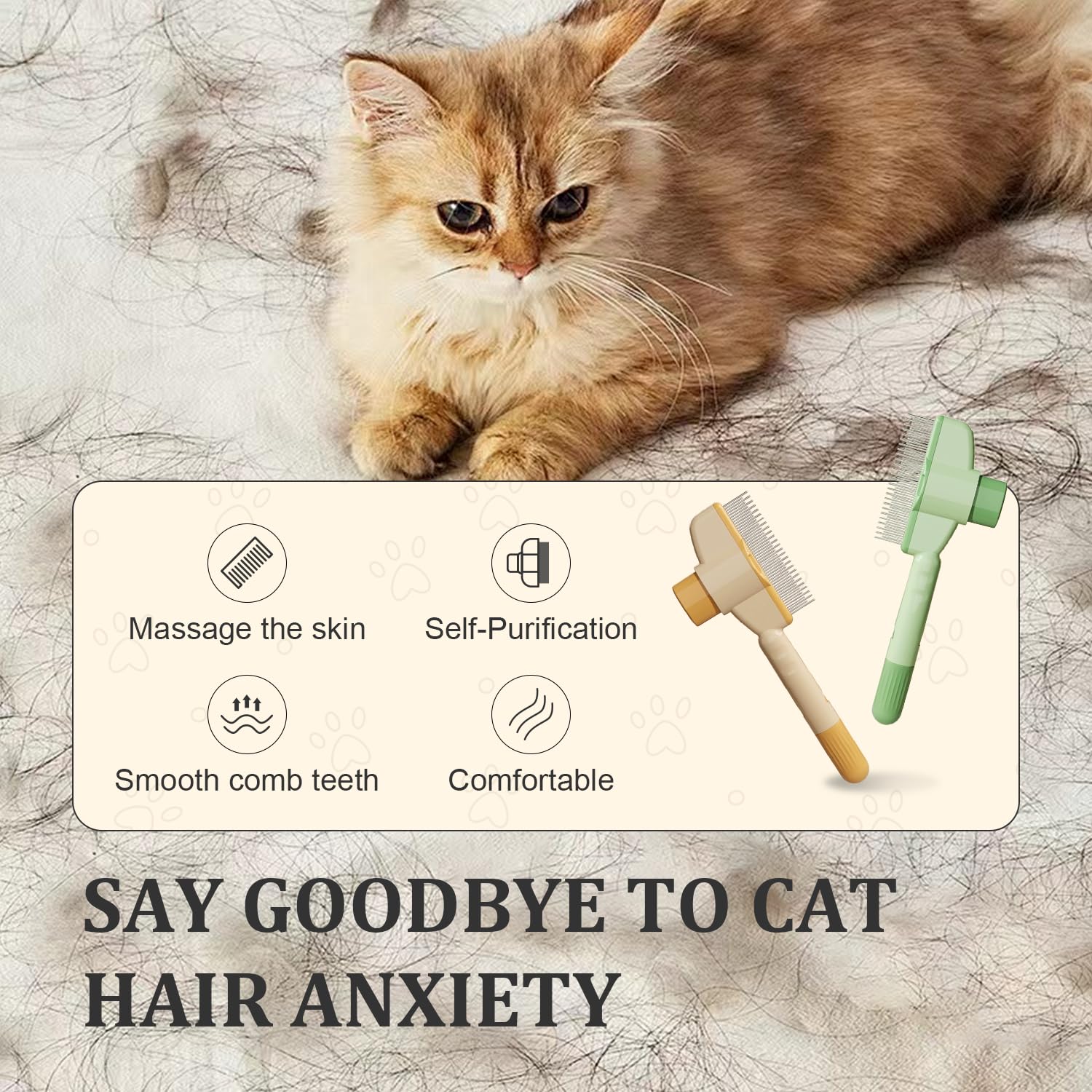 Pet Hair Removal Comb Flea Comb, New Cat Brush With Release Button, Pet Grooming Brush For Short&Long Hair Yellow Green