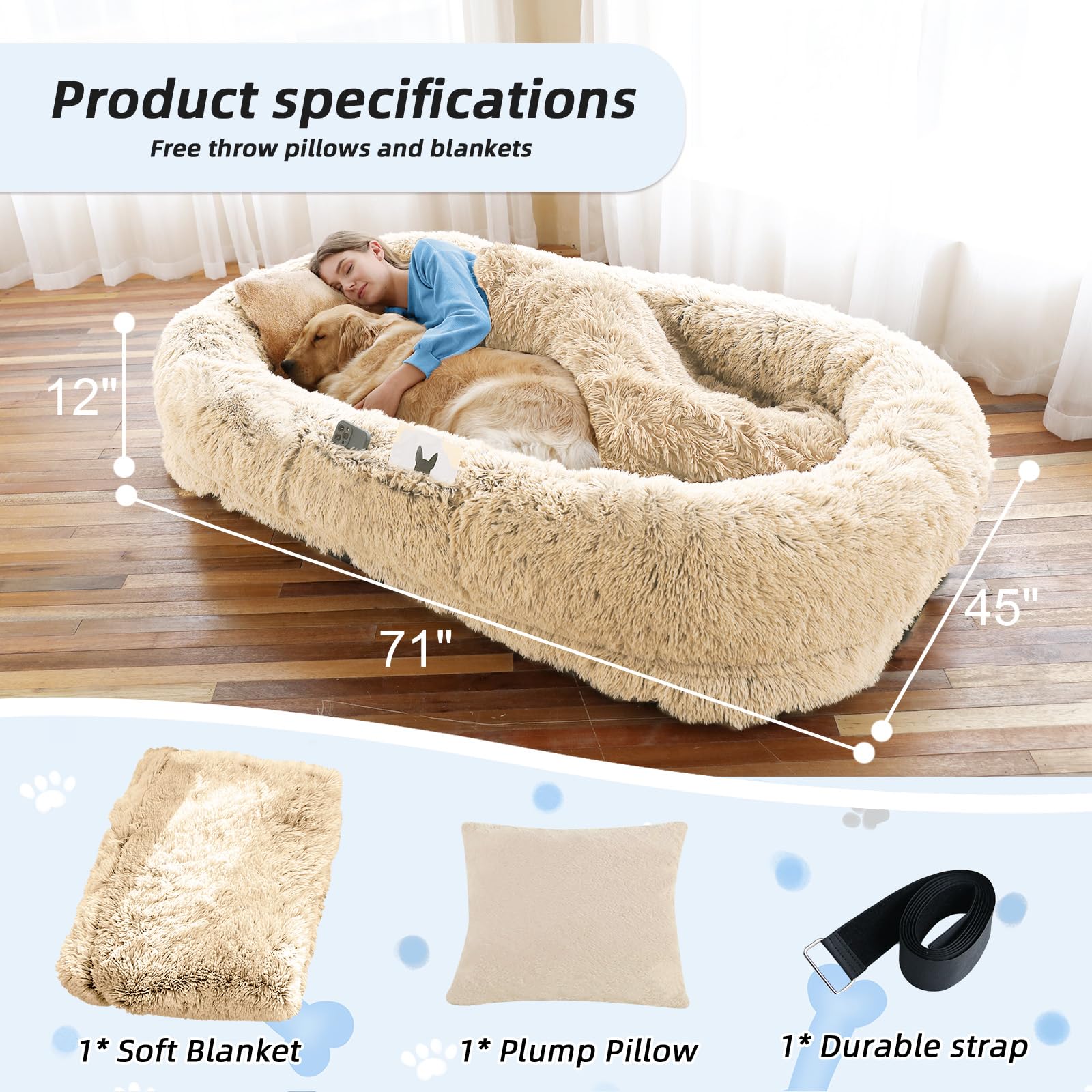 Human & Pet Bed, 71''X45''X12'' Fits All, Washable Faux Fur Orthopedic Dog & Human Bed, Plump Pillow, Blanket, Strap - Beige