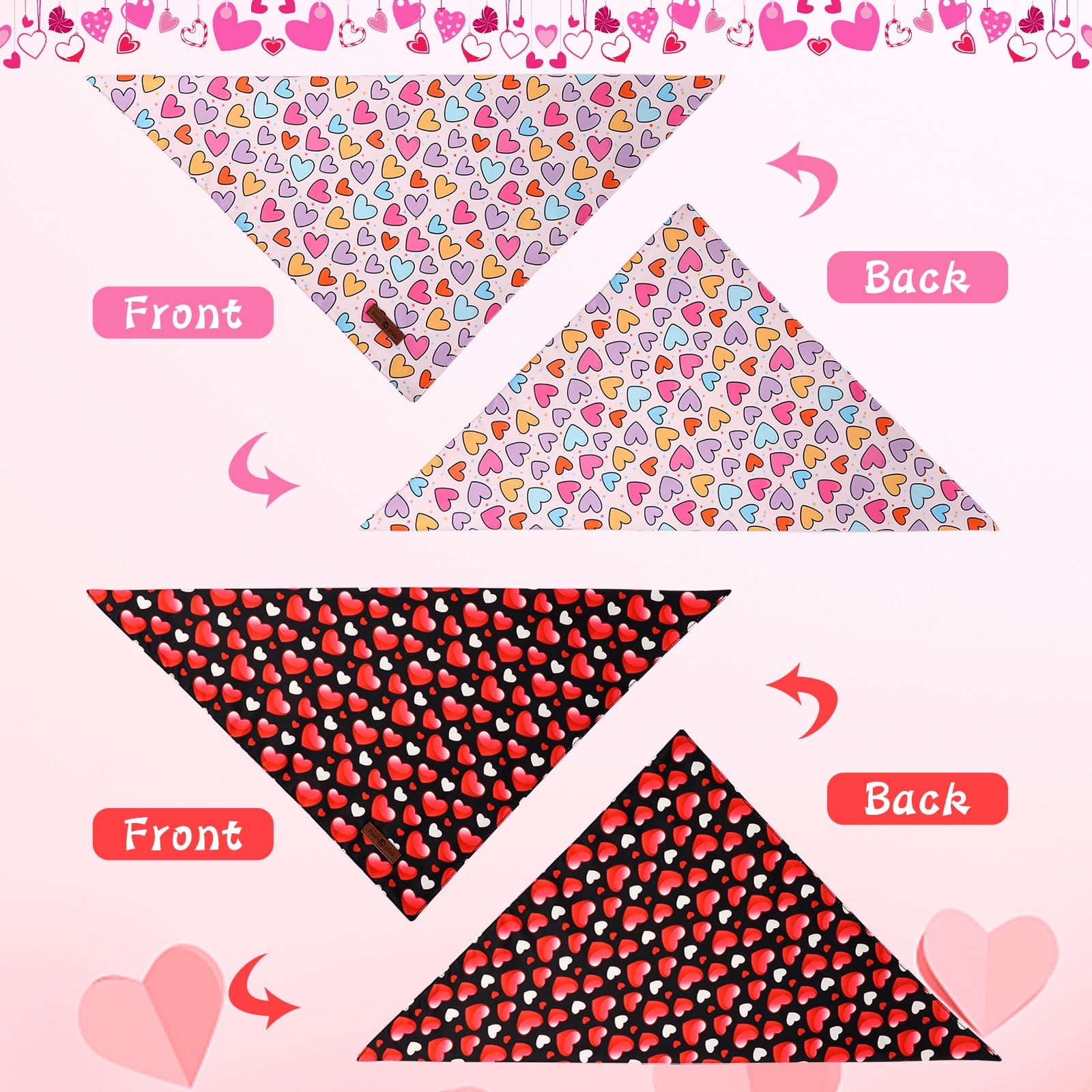 Lionet Paws Valentine'S 2Pcs Dog Bandanas, Black Heart & Colorful Heart Dog Scarf Bib Premium Fabric, Happy Valentine Love Banda