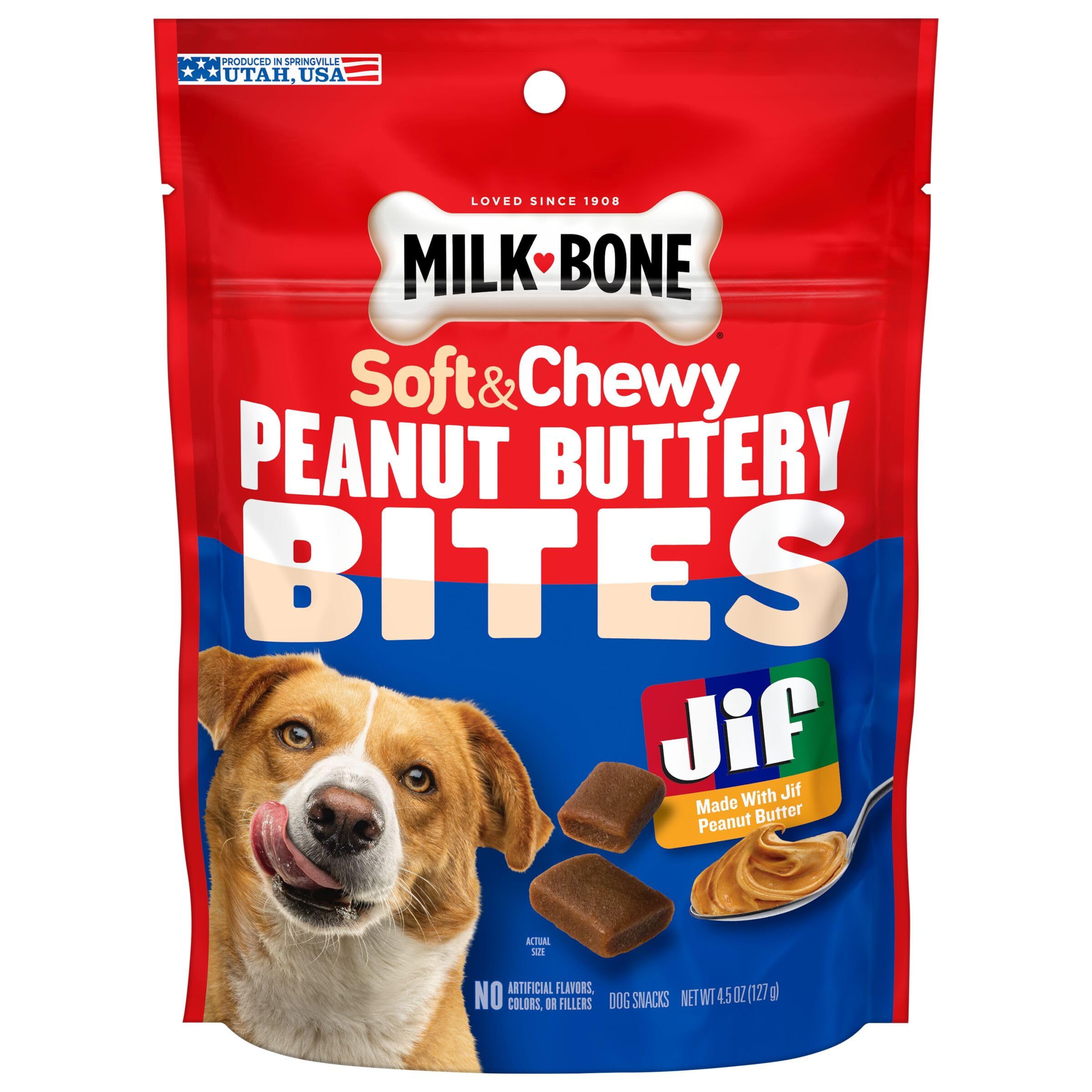 Milk-Bone Peanut Buttery Bites Soft Dog Treats with Jif Peanut Butter, 4.5-Oz. Bag