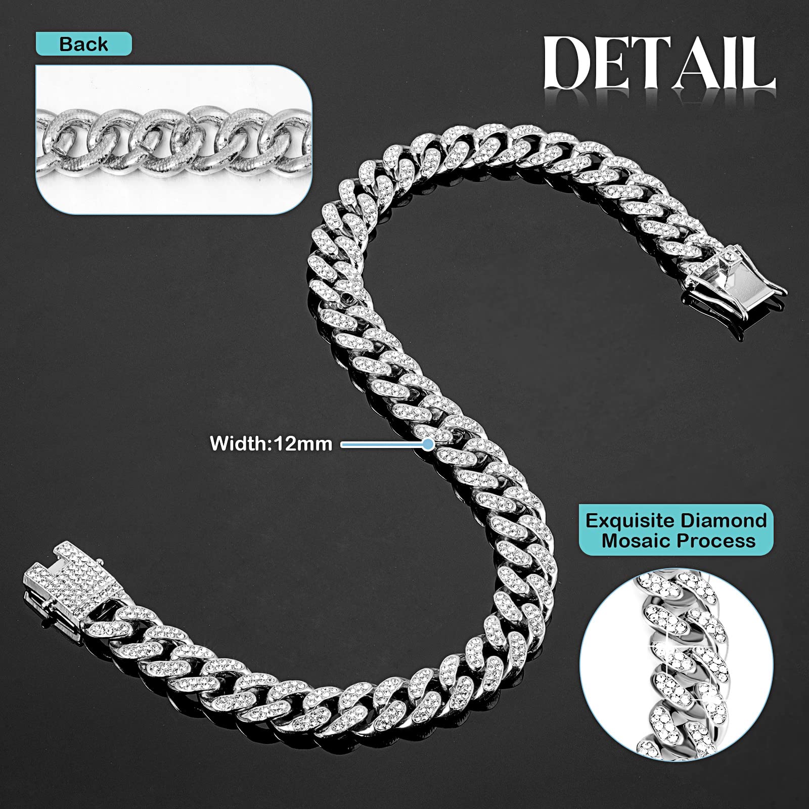 Dog Chain Diamond Collar Walking Metal Chain Collar With Design Secure Buckle, Pet Collar Jewelry Accessories For Small Medium Large Dogs Cats (Silver, 8 Inch)