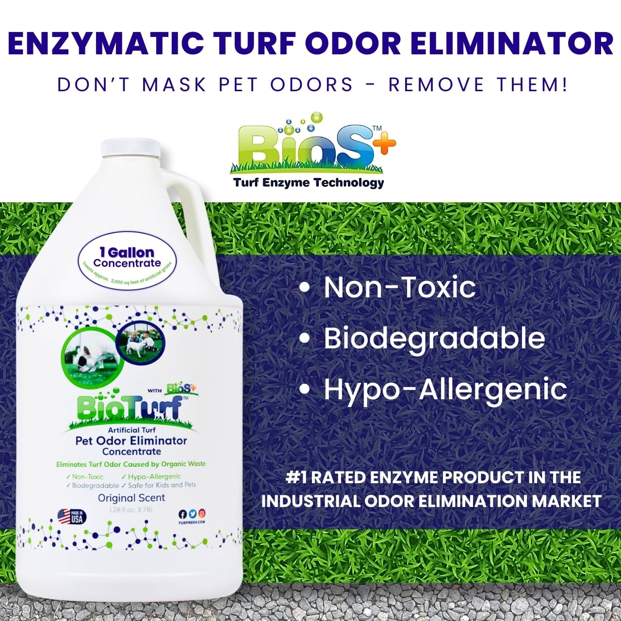 BioTurf BioS+ 1 Gallon Pet Odor Eliminator - Organic, Non-Toxic Enzyme Concentrate Safe for Kids, Pets & Plants
