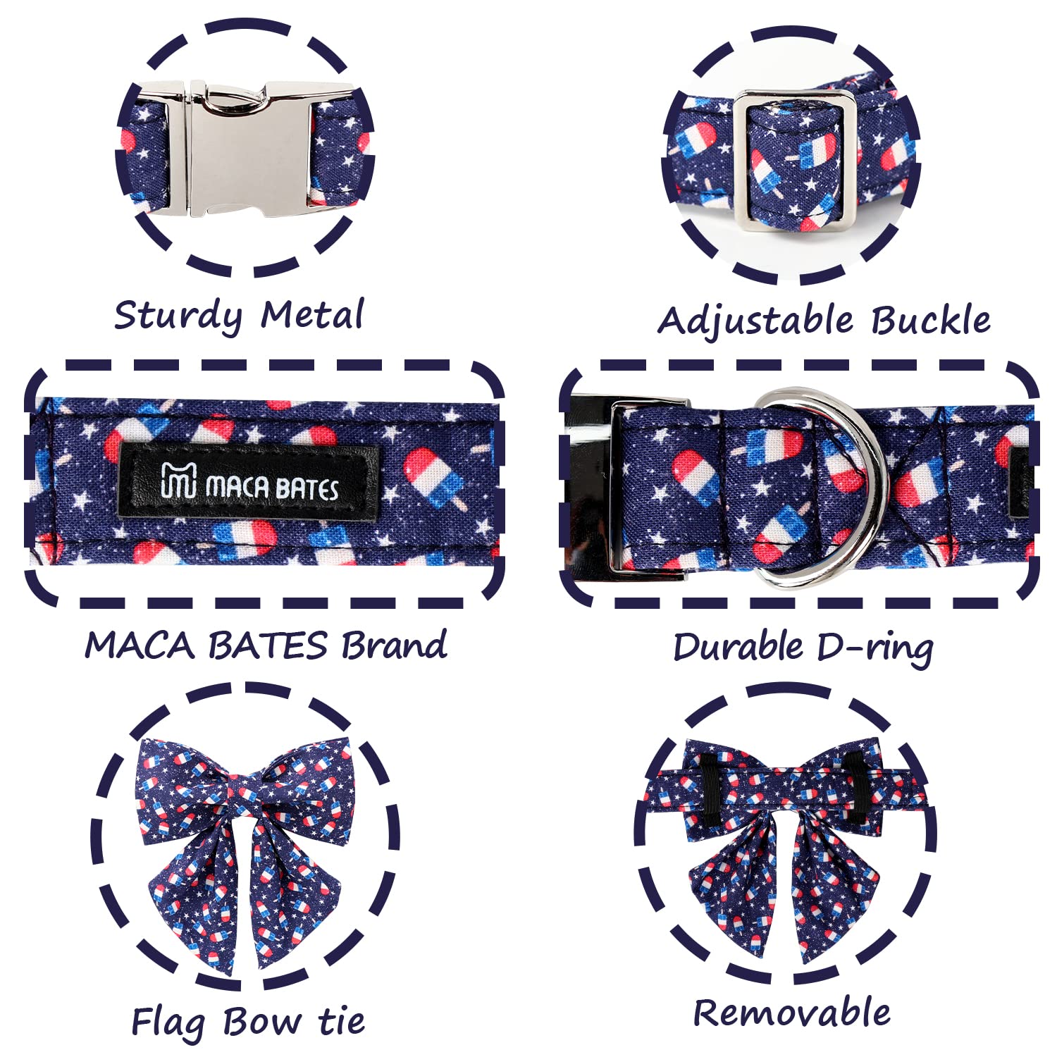 Maca Bates American Flag 4Th Of July Dog Collar With Sailor Bow 4 Of 7 For Dogs Adjustable Durable Icecream Patriotic Usa Collar