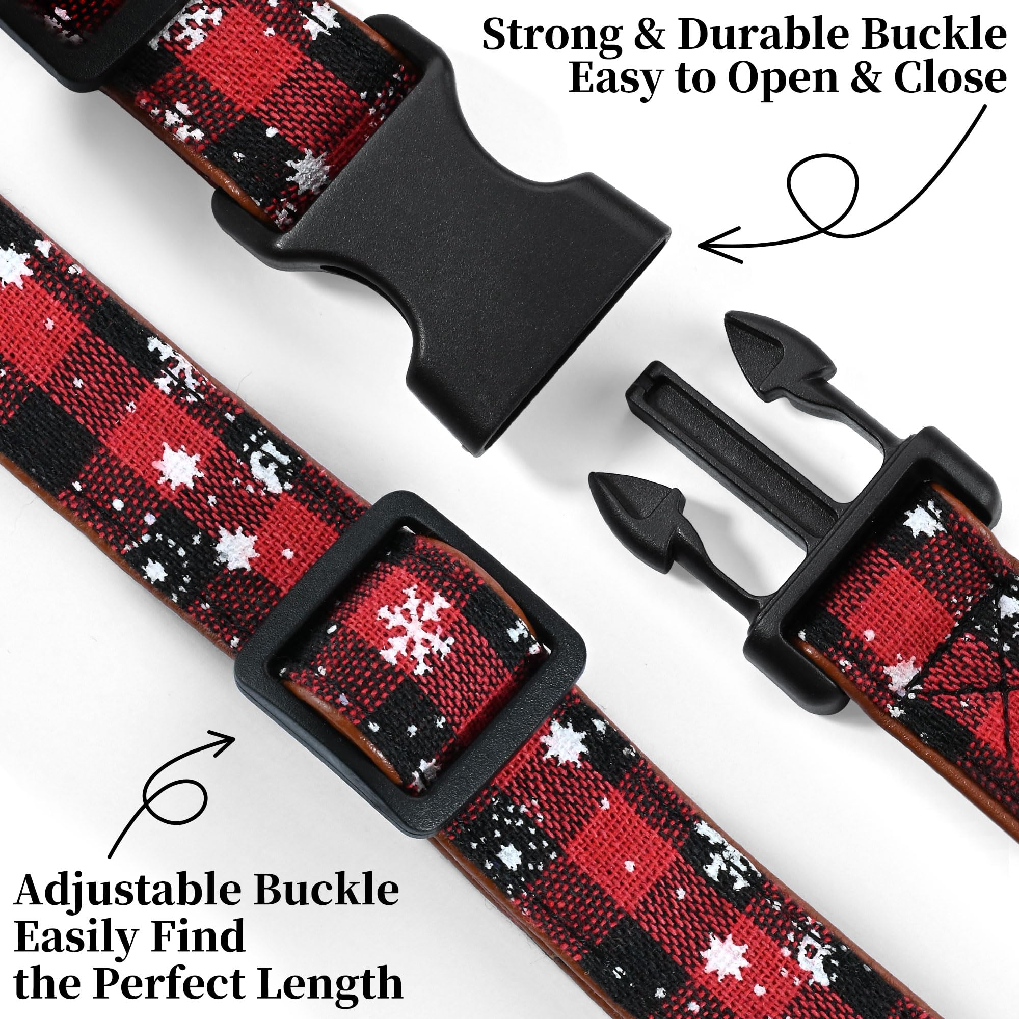 Wipalor Adjustable Christmas Dog Collar Girl Boy With Detachable Bowtie, Classic Plaid Snowflake Dog Christmas Collar, Soft Leat