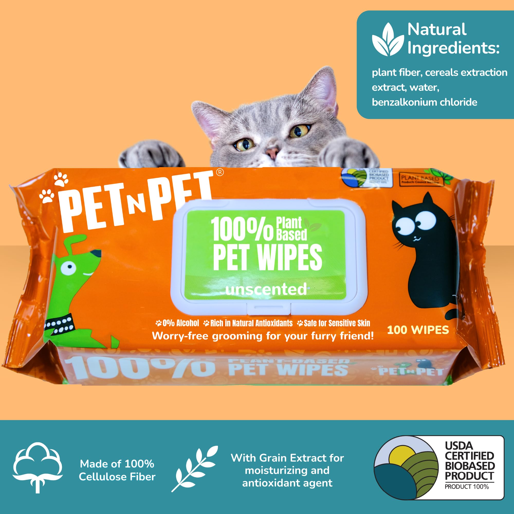 Pet N Pet 100% Plant Based Dog Wipes For Paws And Butt, 100 Counts Hypoallergenic Unscented Dog Pet Wipes, 8' X 8'