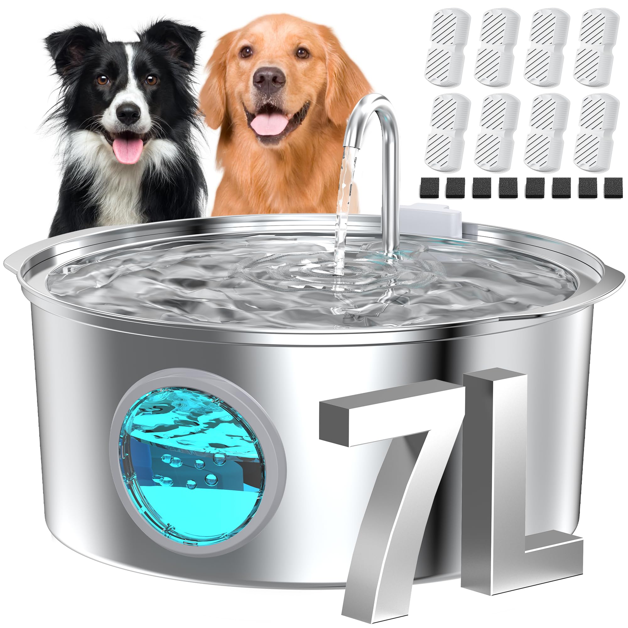 Dog Water Fountain for Large Dogs: Big Cat Water Fountain Stainless Steel -1.8Gal/7L Big Quiet Cats Water Bowl Dispenser- Pet Wa