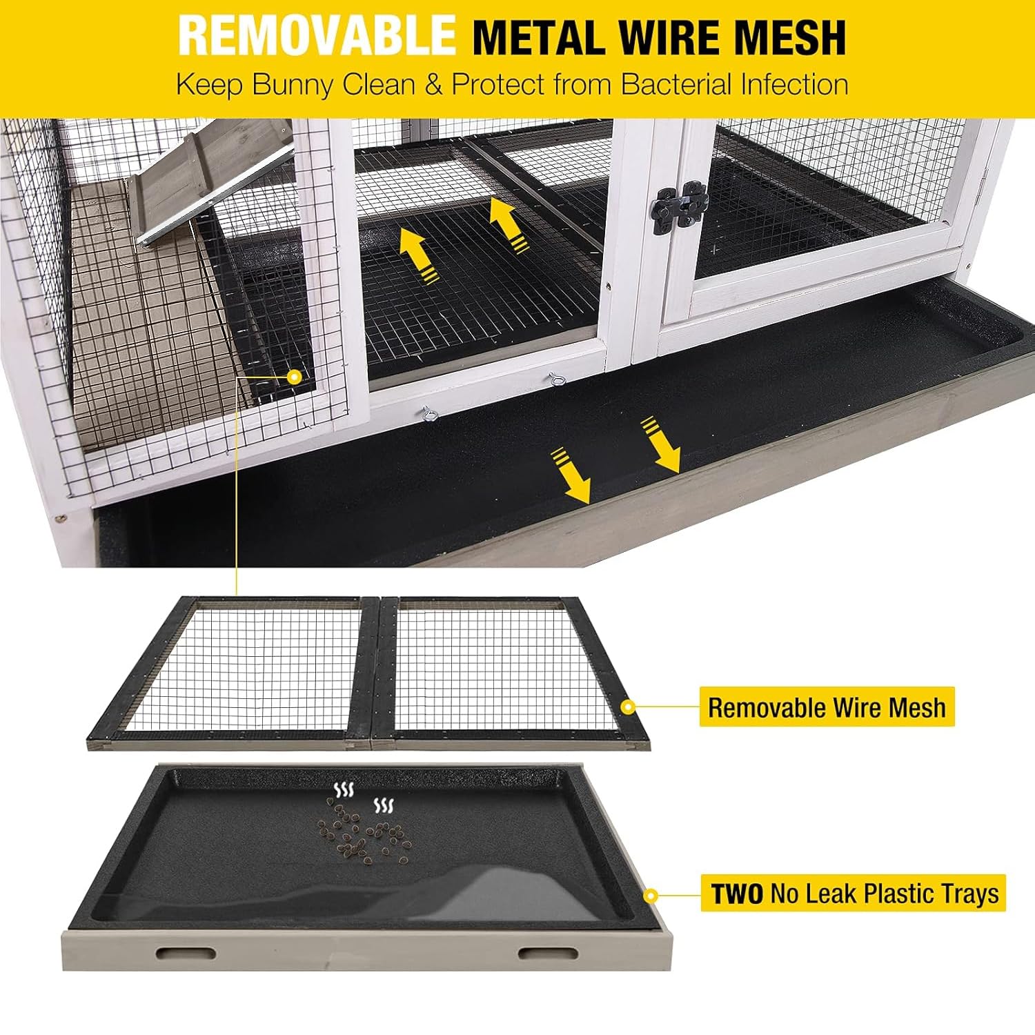Aivituvin Large Rabbit Hutch With Removable Wire Netting, 2 Deep Trays, 4 Wheels, Sliding Door, And Extra Access Door - Mocca Co