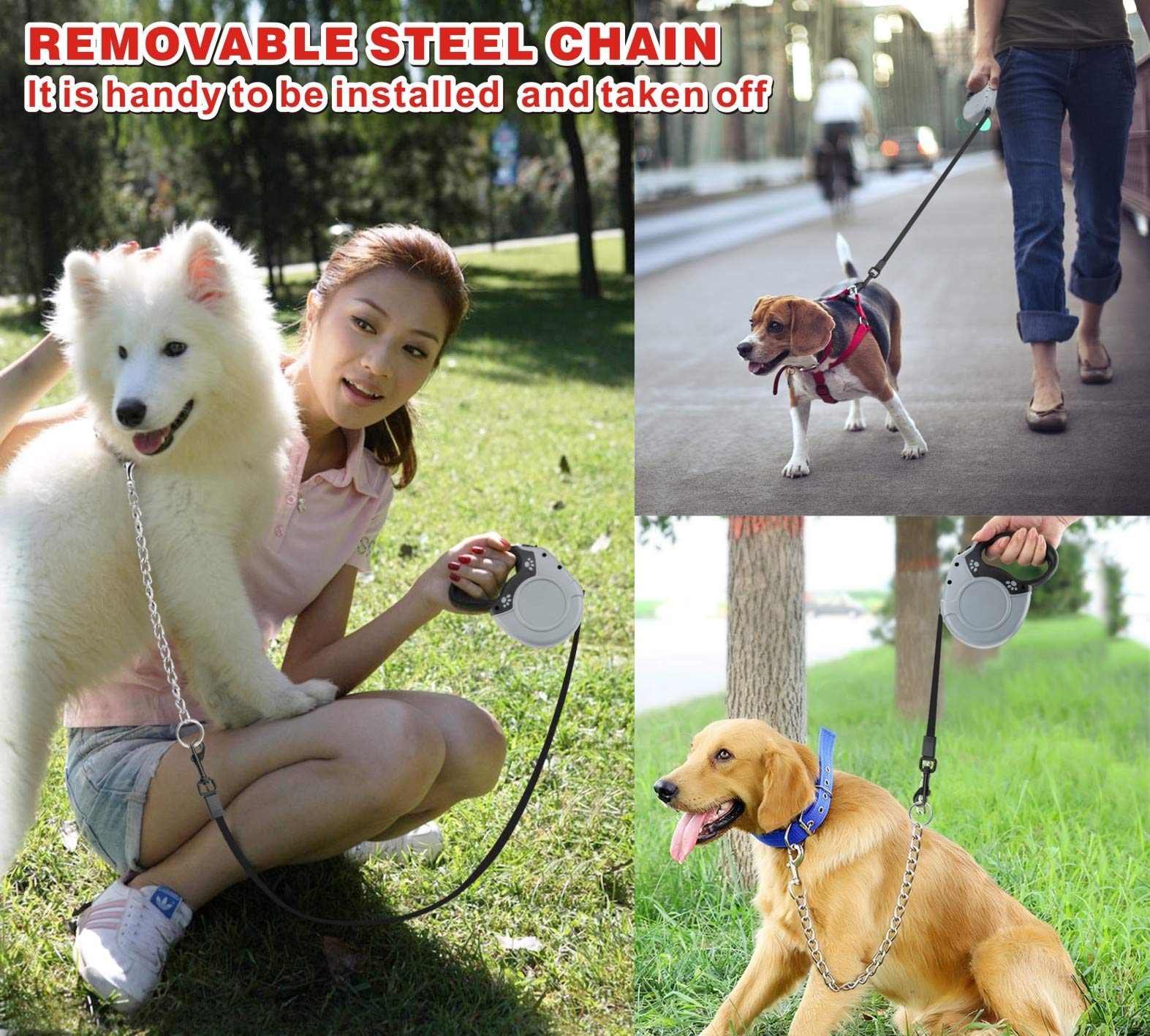 Idepet Heavy Duty Retractable Dog Leash For Small And Medium Dogs, Anti-Chewing Steel Chain 360 Degree Tangle-Free,Break And Lock System,16Ft Leash For Dog Walking (Flat Rope)