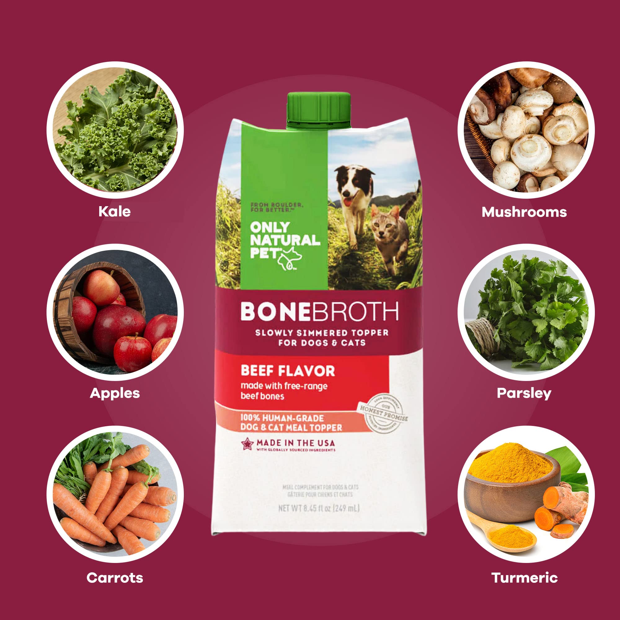 Only Natural Pet Bone Broth Beef Flavor Dog & Cat Meal Topper, 100% Human-Grade Slow-Simmered, Free-Range for Dry Food or to Hyd