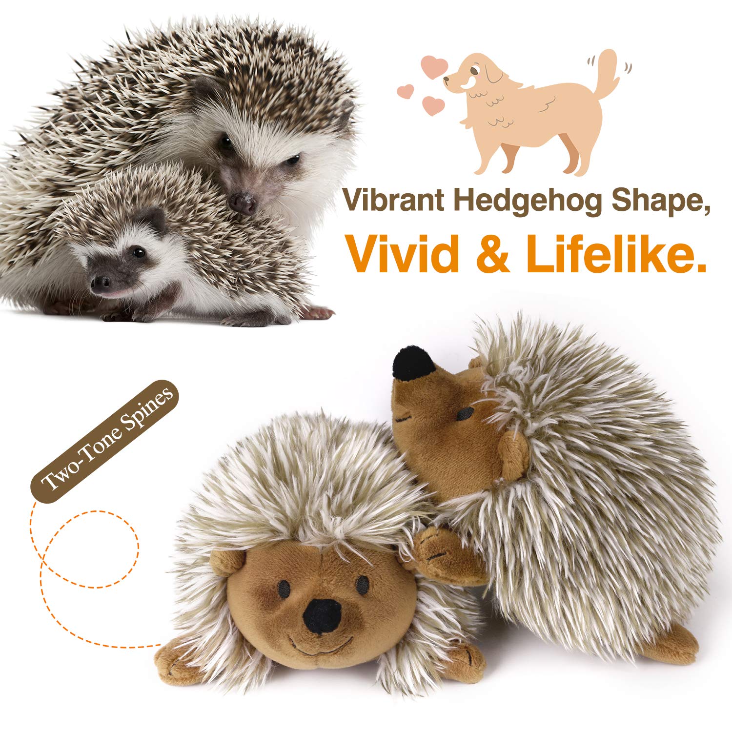 Pawaboo Plush Dog Toy, [2Pack] Non-Toxic Super Soft Faux-Fur Hedgehog Dog Toy Stuffed Biting Training Playing Toys For Dog Puppy, Brown